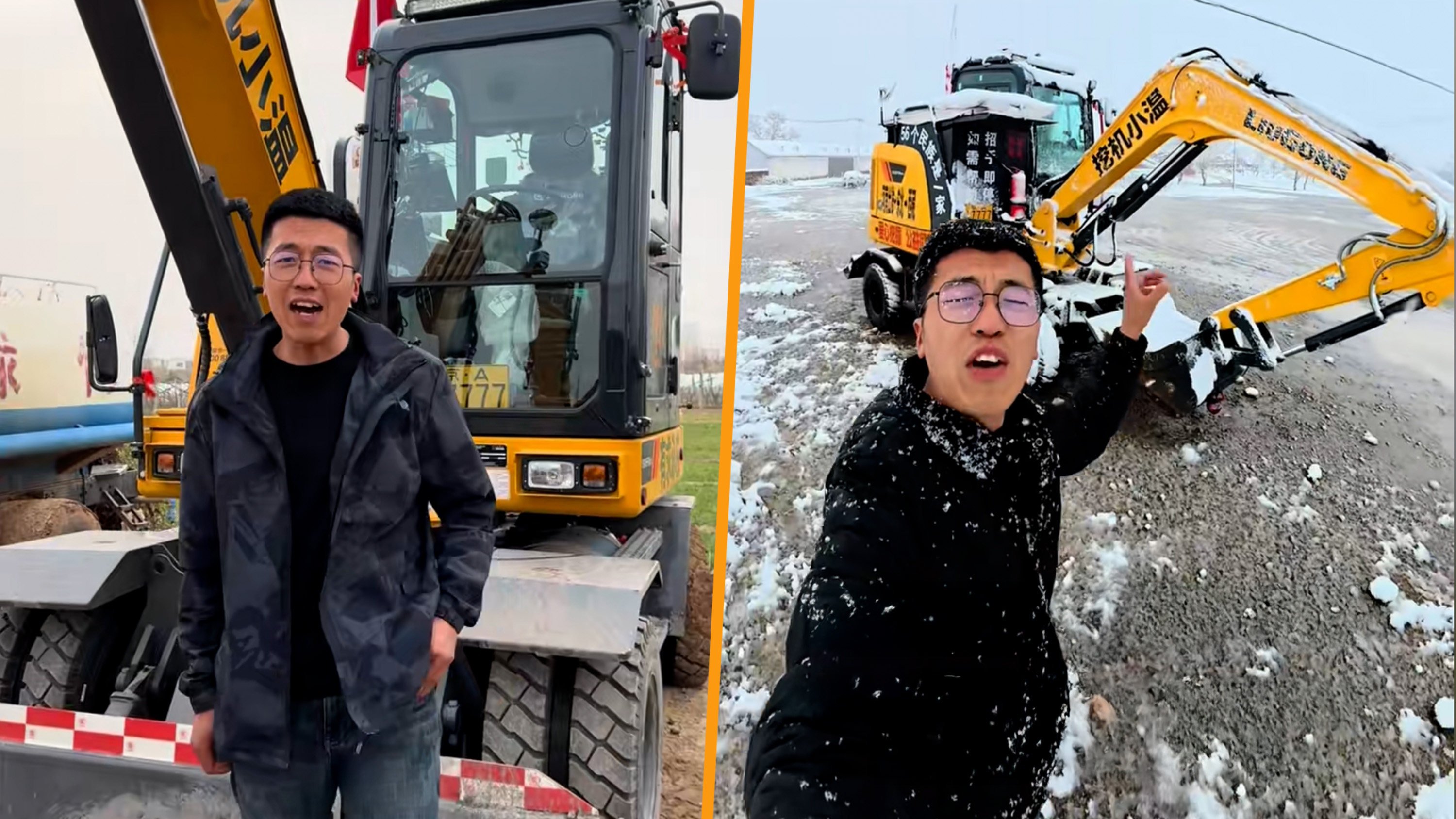 A 27-year-old man went viral for travelling across 13 provinces and regions in China over six months using an excavator. Photo: SCMP composite/Douyin
