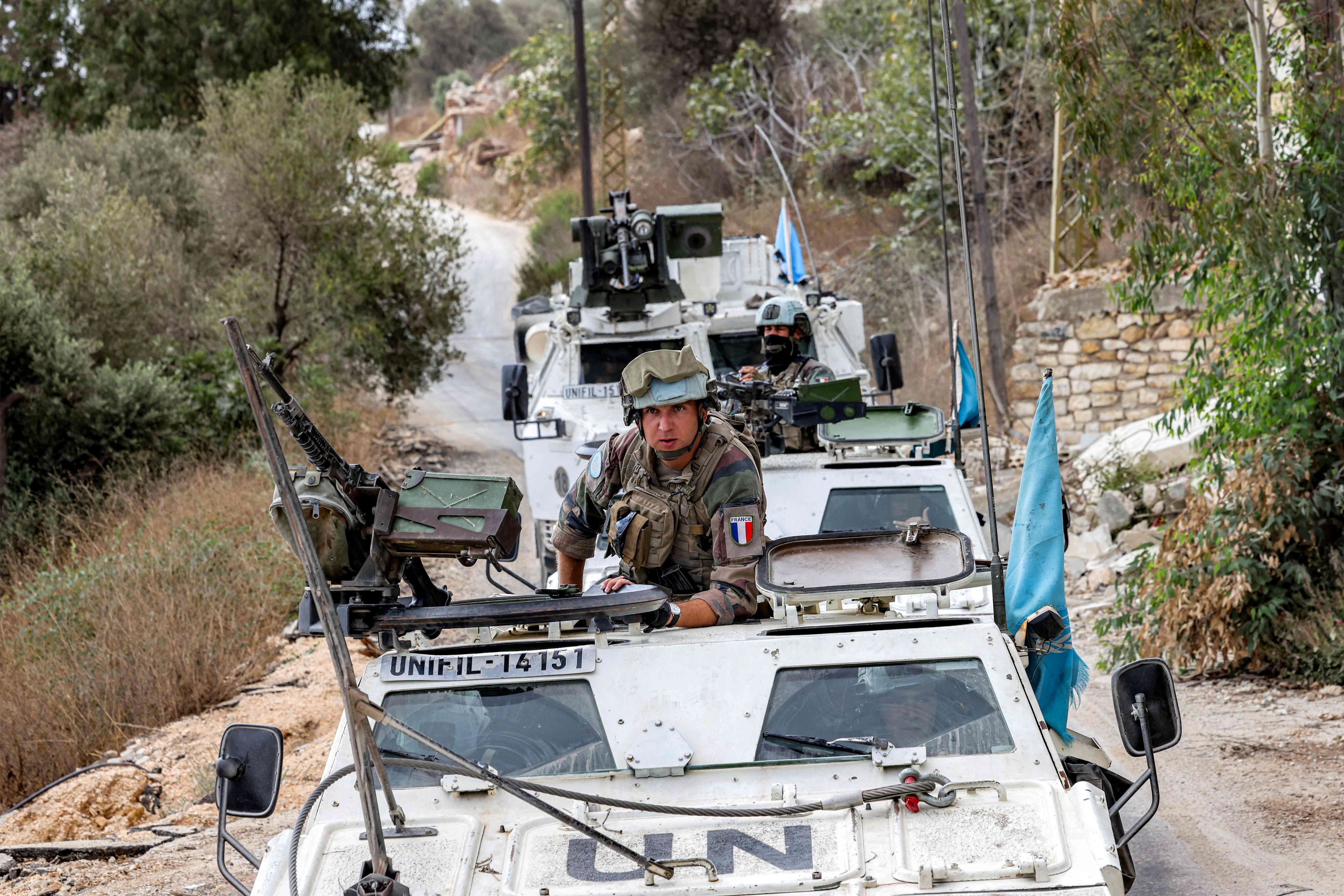 UNIFIL vehicles are pictured at a position formerly held by Hezbollah in the Khraibeh Valley in south Lebanon on Wednesday. Photo: AFP
