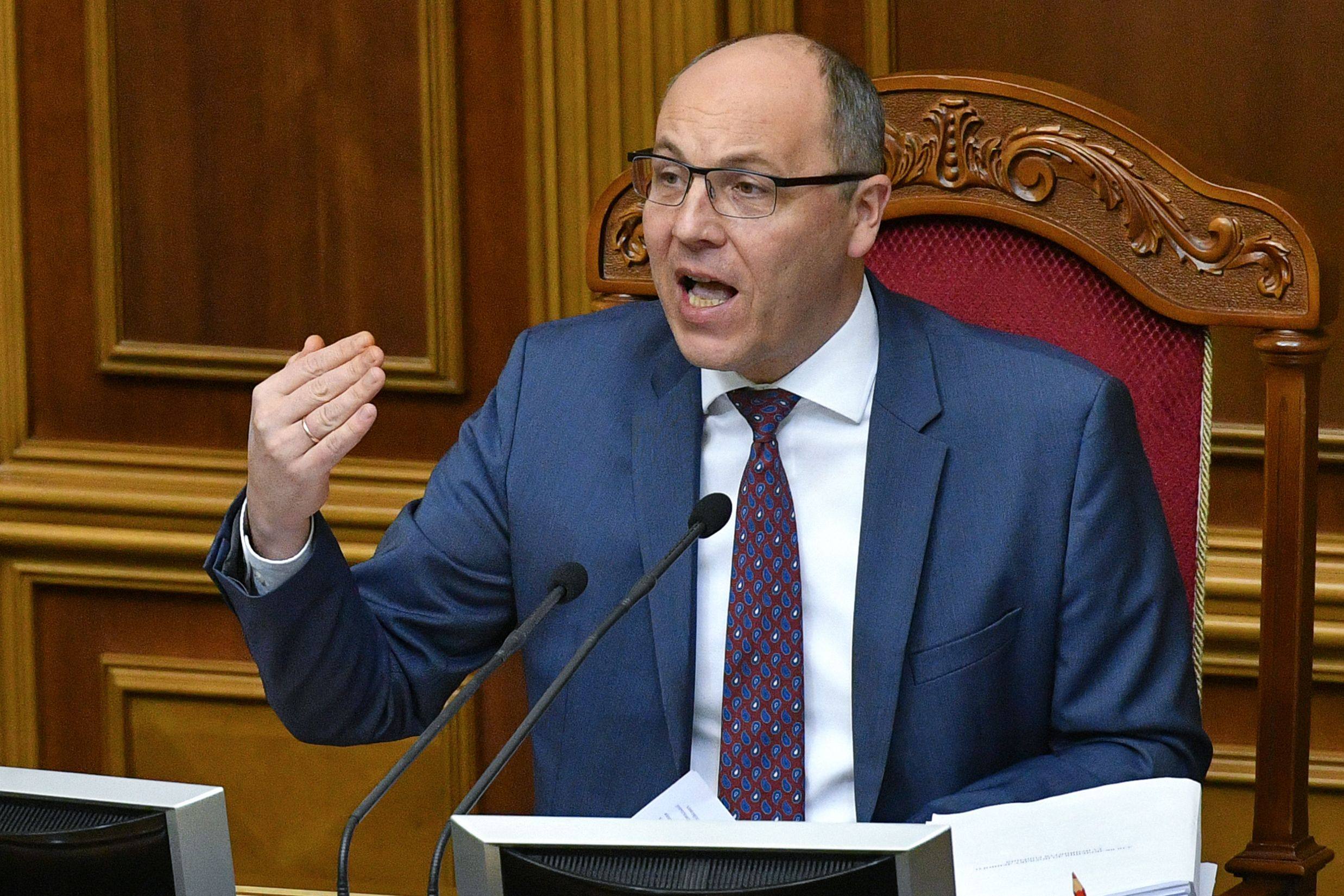 Then speaker of the Supreme Council of Ukraine, Andriy Parubiy, speaks to members of parliament in Kyiv in 2018. Parubiy, who was shot dead in Lviv on Saturday, was one of the protest leaders in 2013-14 calling for closer ties with the European Union. Photo: AFP