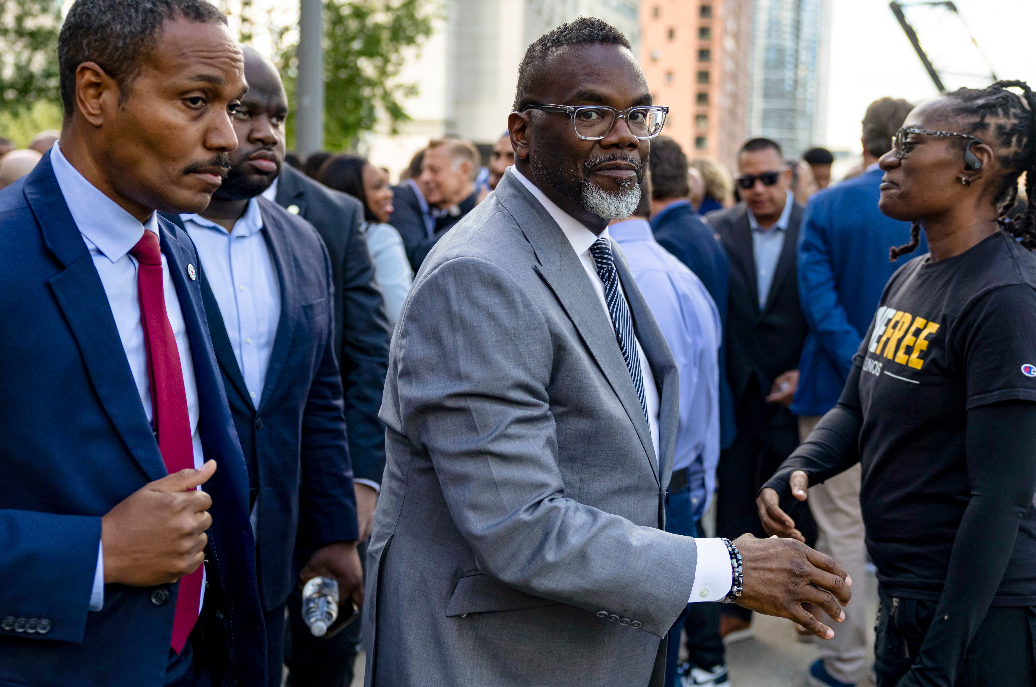 Chicago Mayor Brandon Johnson (centre) has denounced US President Donald Trump’s possible military deployment into Chicago. Photo: Chicago Tribune/TNS