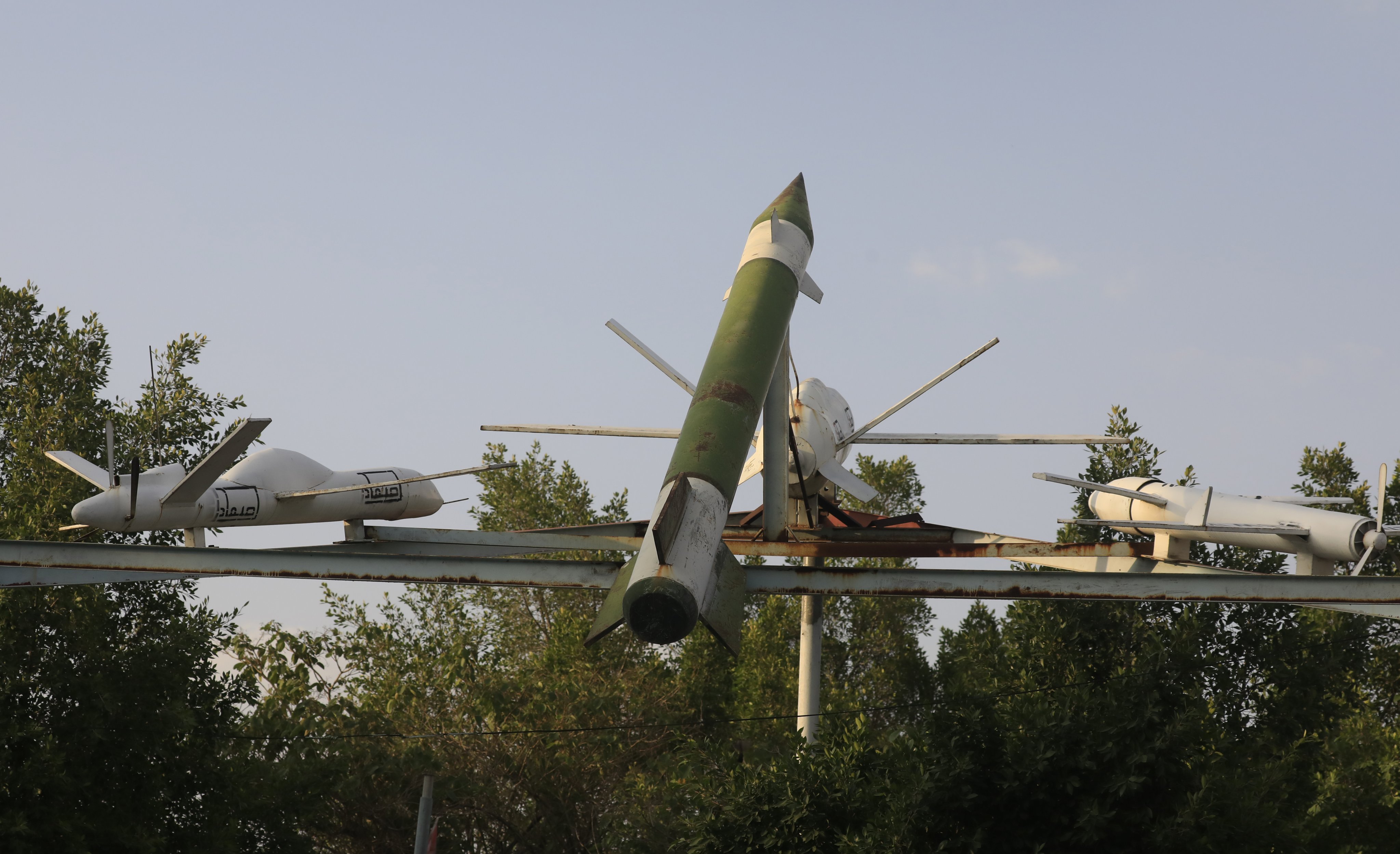 A display of Houthi-made mock missiles and drones in Sanaa, Yemen. Photo: EPA
