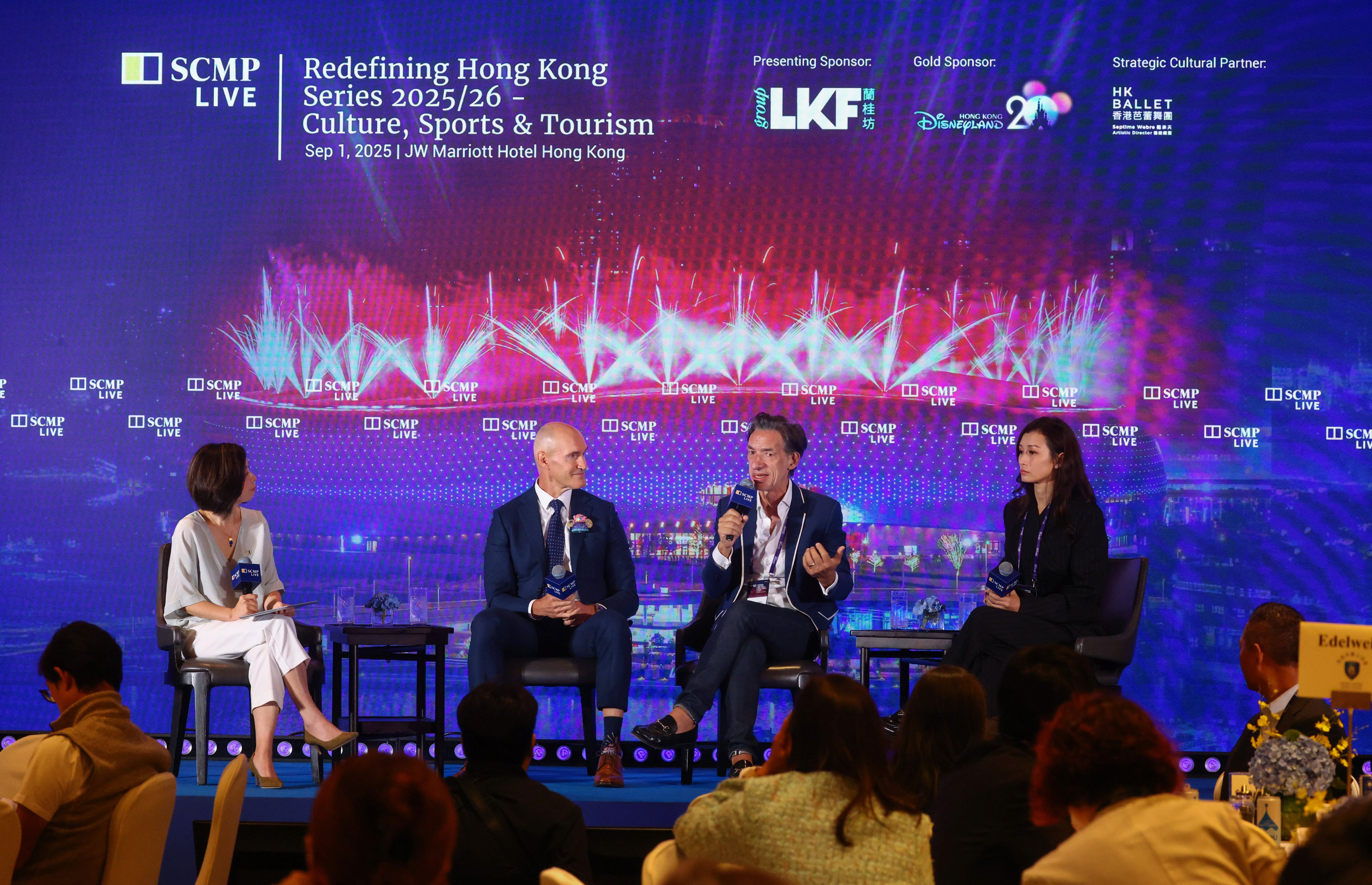 Olga Wong, deputy Hong Kong editor of the South China Morning Post, left, alongside Vice President and Chief Financial Officer of Hong Kong Disneyland Resort, Lesz Banham, Artistic Director of Hong Kong Ballet, Septime Webre and Chief Marketing Officer of Live Nation Connects, Colleen Yu, at the ‘Redefining Hong Kong conference on Culture, Sports and Tourism’, hosted by the South China Morning Post. Photo: Dickson Lee