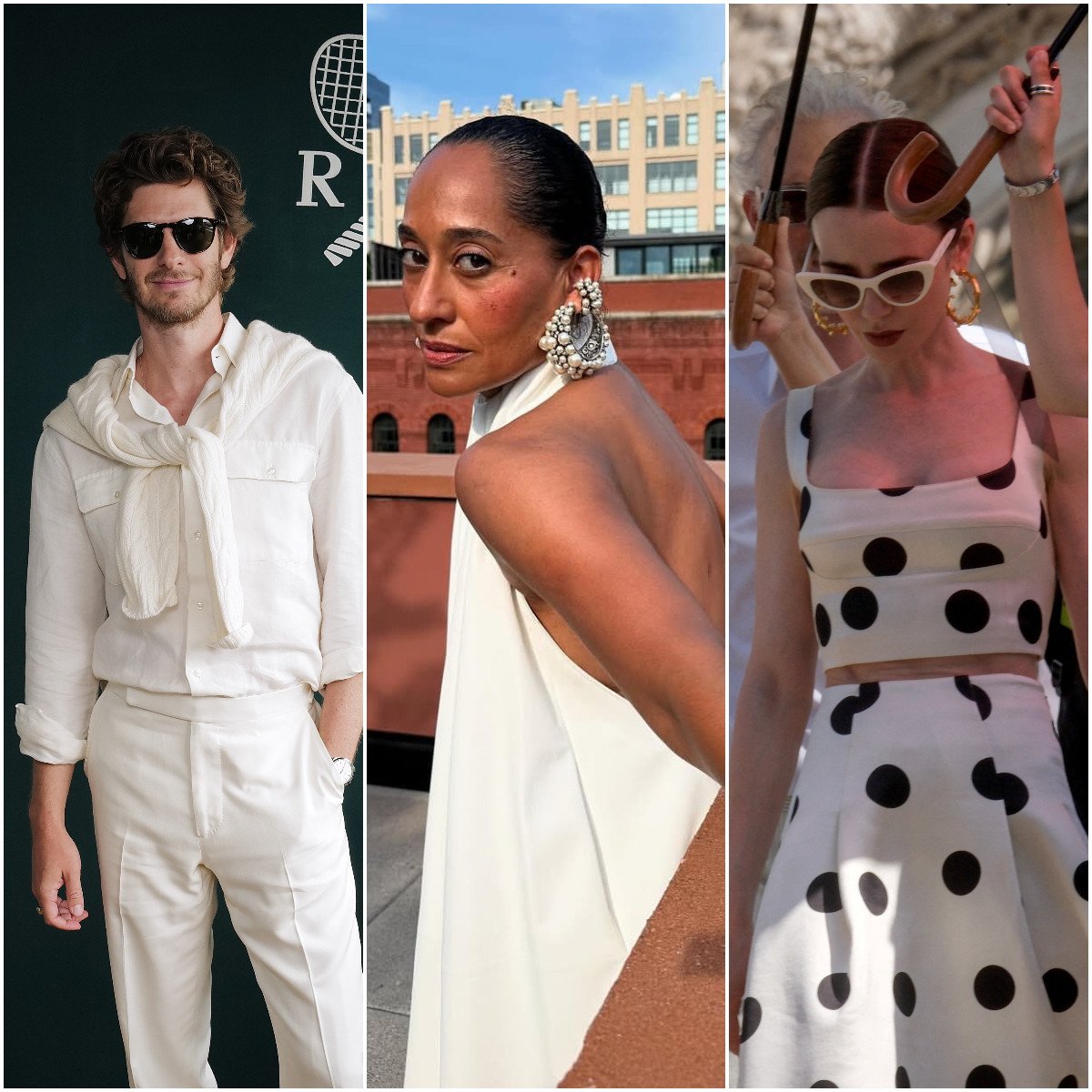 Andrew Garfield, Tracee Ellis Ross and Lily Collins sporting bold white outfits. Photos: Getty Images, @karlawelchstylist/Instagram, Reuters