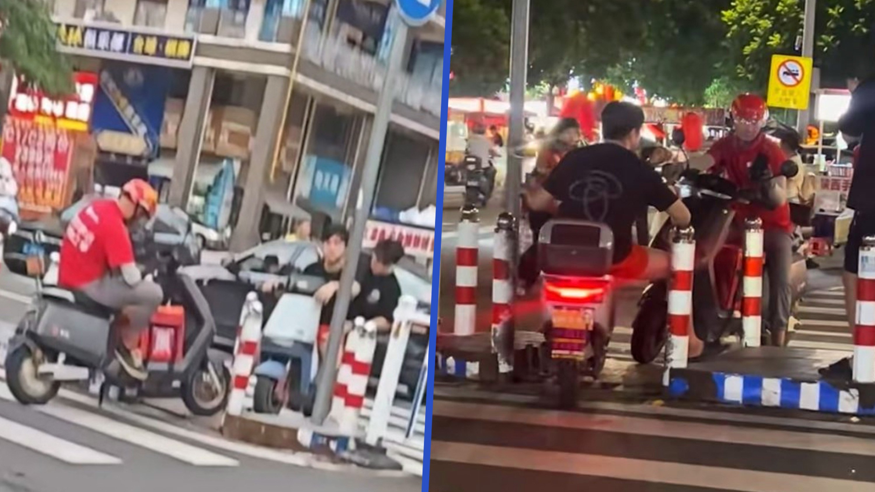 A delivery rider and a man on an electric bike in China faced off for four hours at a narrow crossing, refusing to let each other pass.  Photo: SCMP composite/Douyin