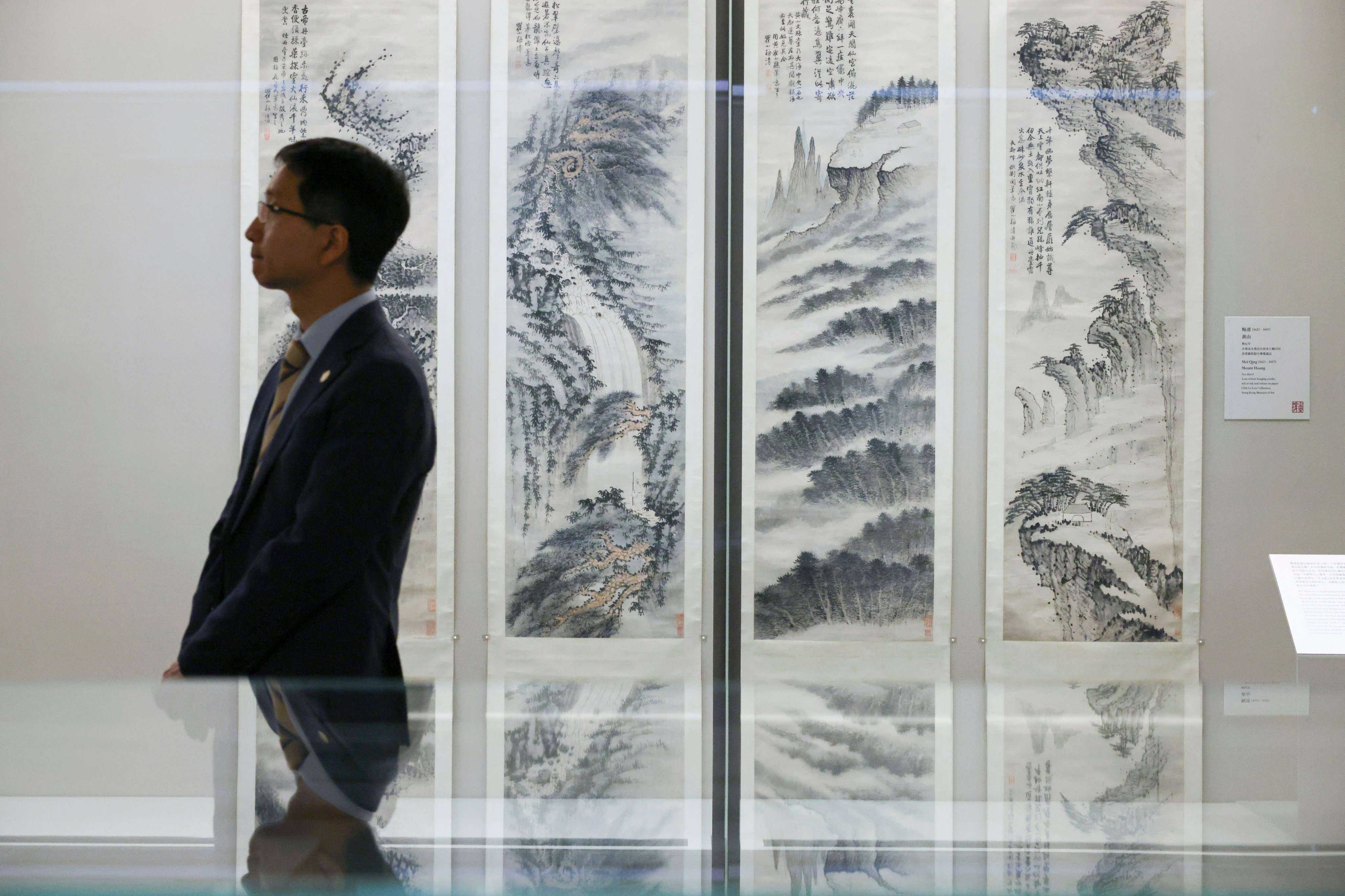 Chinese landscape paintings are displayed at “The Pride of Hong Kong: Three Preeminent Collections of Ancient Paintings and Calligraphies”, an exhibition now on at the Hong Kong Museum of Art. Photo: Nora Tam