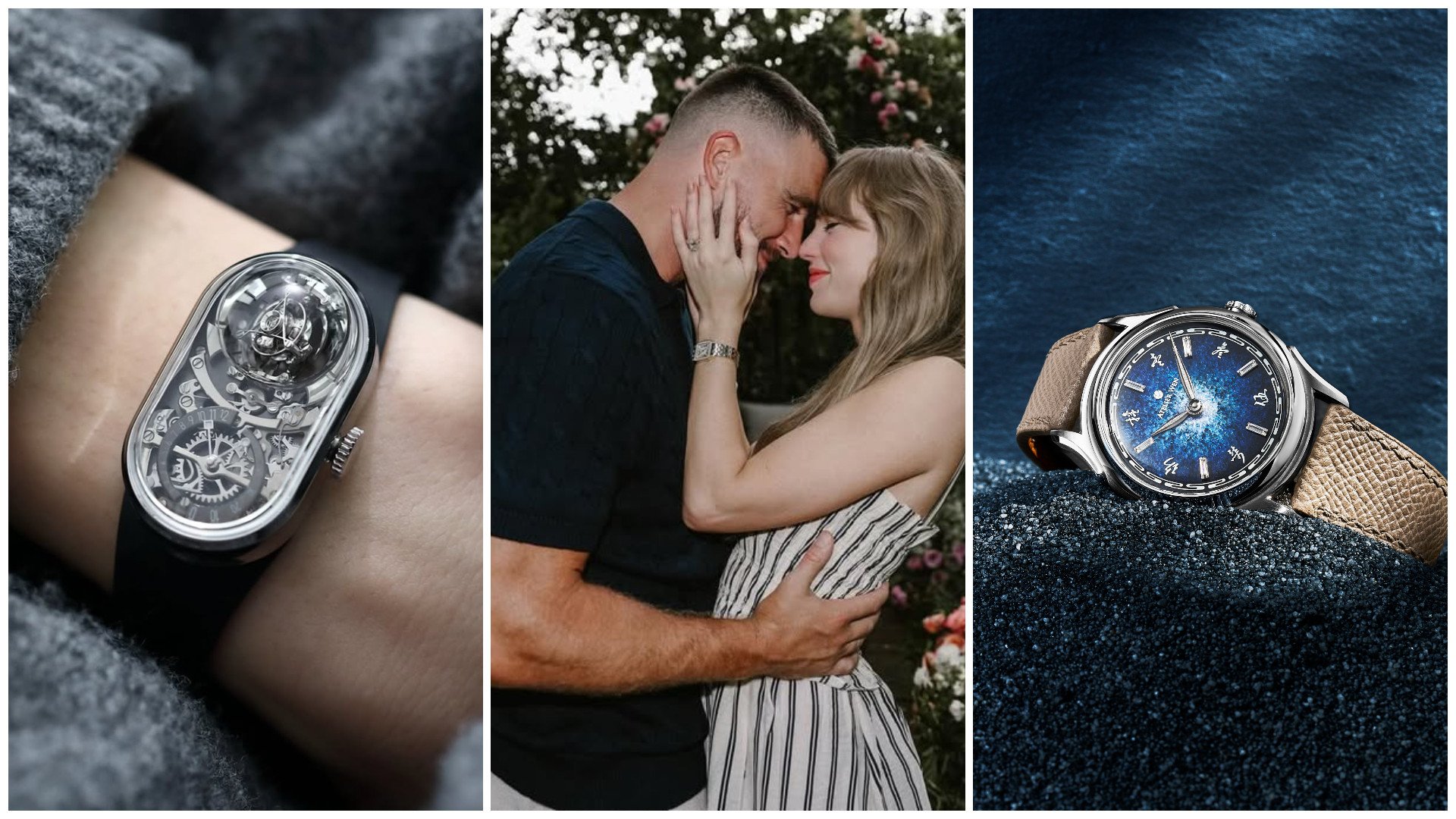 From left to right: Fam Al Hut’s Mobius is a semi-finalist for Louis Vuitton’s Watch Prize for Independent Creatives; Taylor Swift sports a Cartier Santos Demoiselle for her engagement to Travis Kelce; Atelier Wen releases their new Ancestra collection, featuring a hand hammered dial. Photos: Handout, @taylorswift/Instagram, Handout