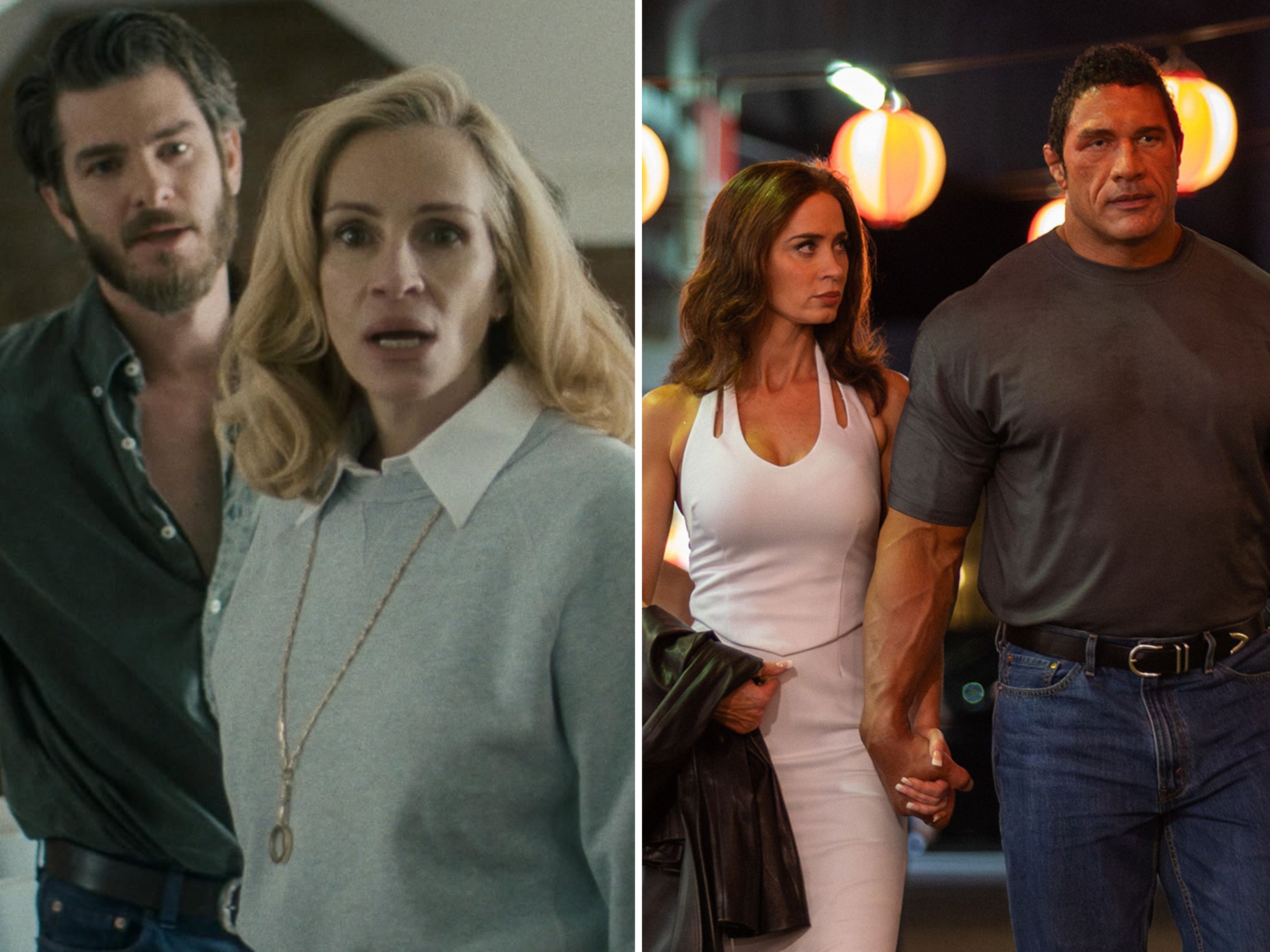 Andrew Garfield and Julia Roberts in After the Hunt, and Emily Blunt and Dwayne Johnson in The Smashing Machine. Photos: @afterthehuntmovie/Instagram, TNS