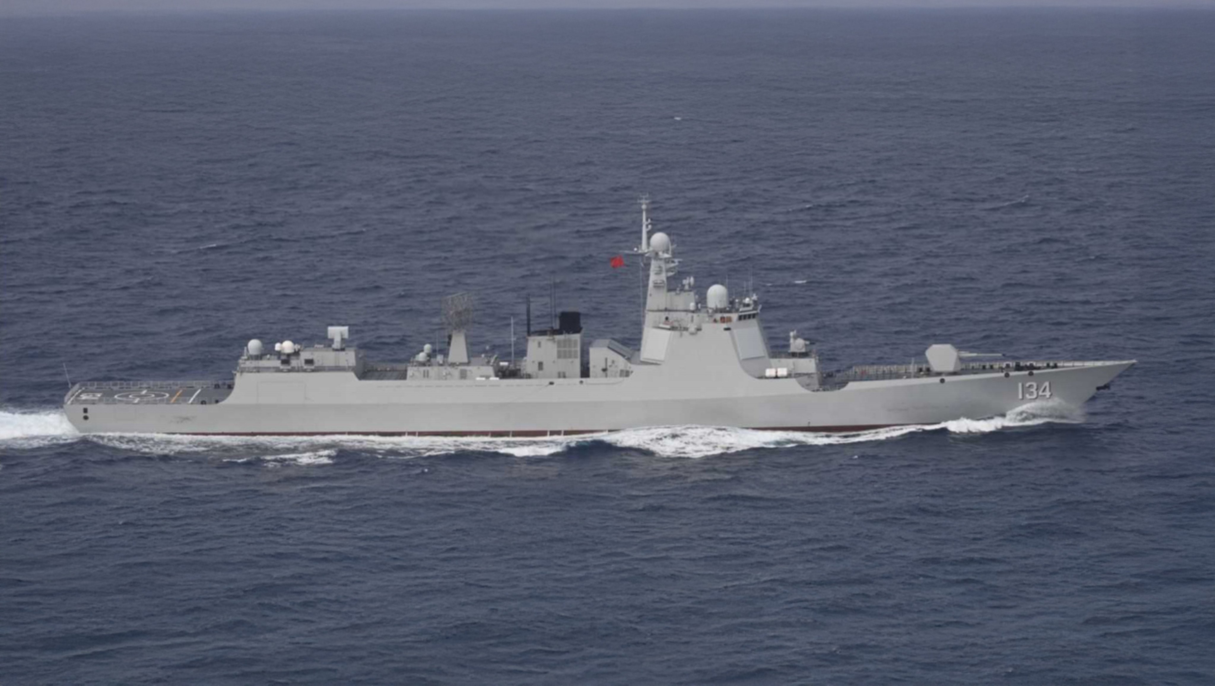 The Japanese defence ministry says the Chinese Navy’s Type 052D guided missile destroyer and its replenishment ship were spotted about 120km east of Miyako island on Sunday. Photo: Handout