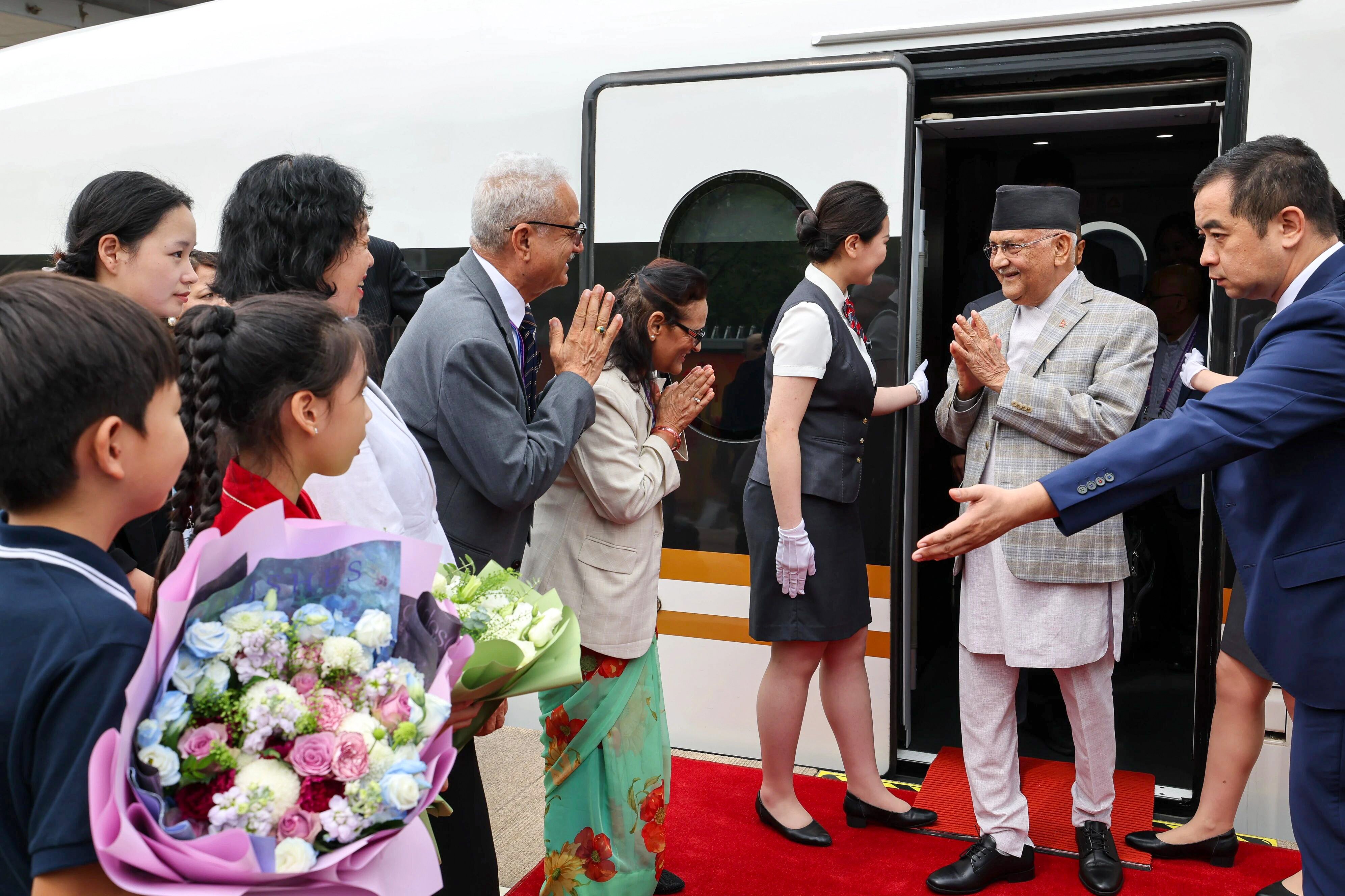 Nepali Prime Minister K.P. Sharma Oli arrives in Beijing on Tuesday. He is among more than a dozen state leaders who took a high-speed train to Beijing this week to attend Wednesday’s Victory Day parade. Photo: Xinhua