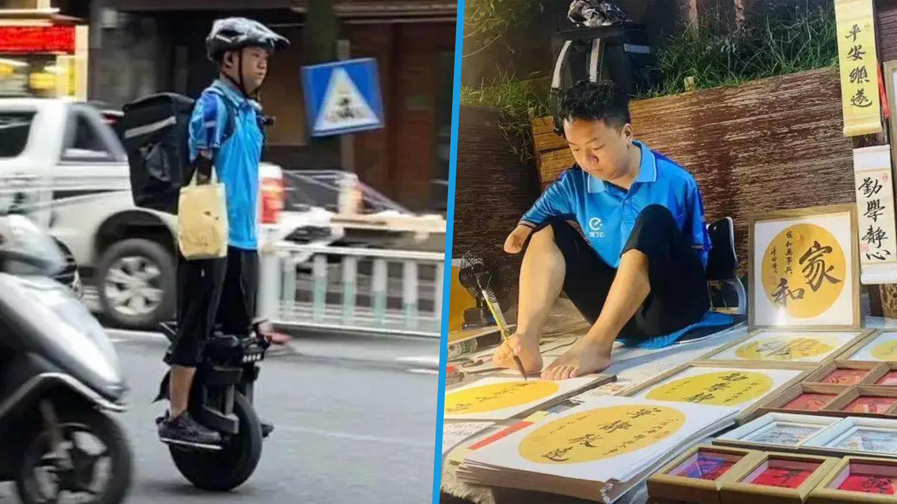An armless man in China delivers food on a unicycle, using his lips to navigate his phone to contact customers. Photo: SCMP composite/Sohu