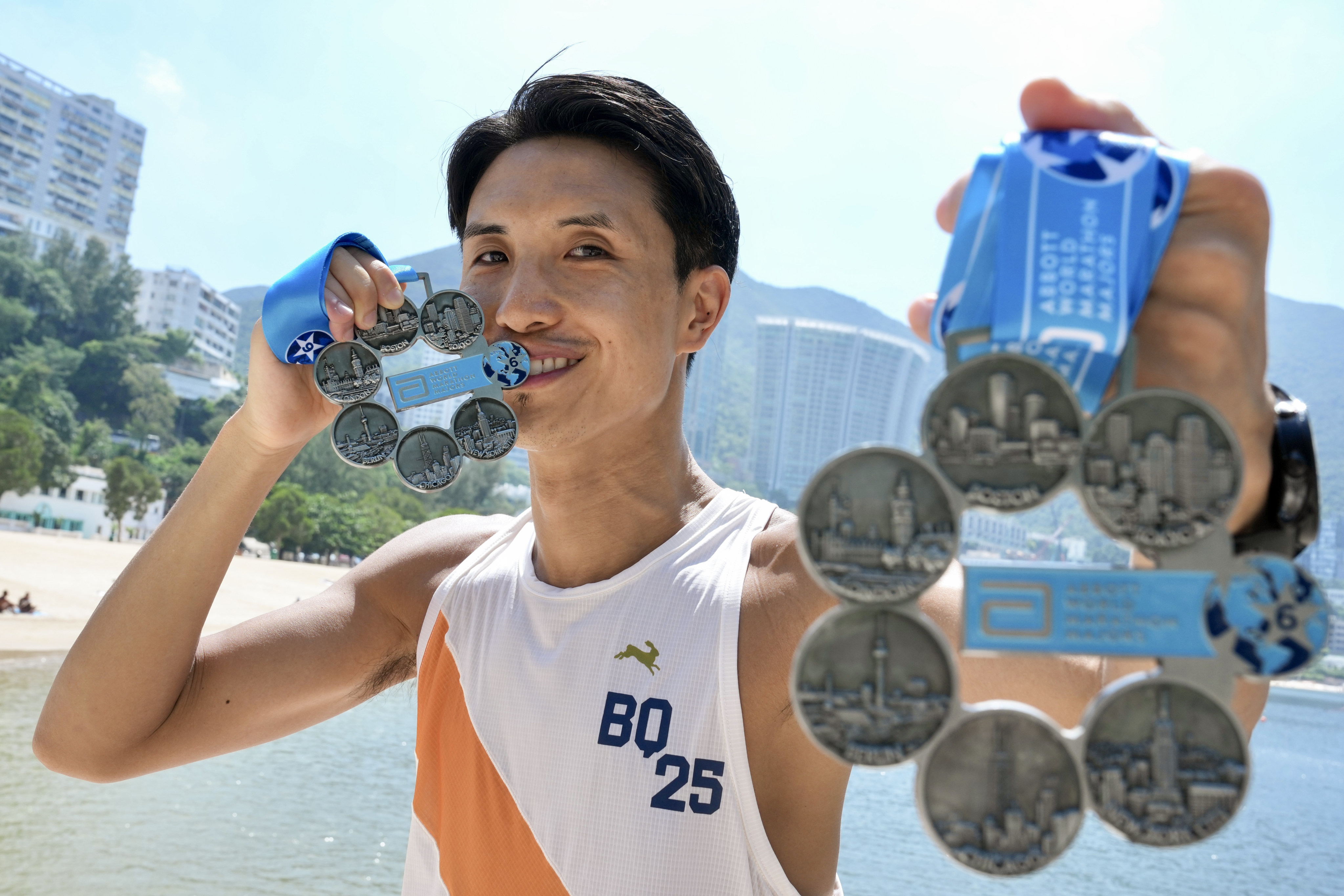 Dennis Lui Wai-keung, the first Hongkonger to complete all seven world major marathons in under three hours. The seasoned runner often trains along Repulse Bay beach. 23AUG25 SCMP / Karma Lo