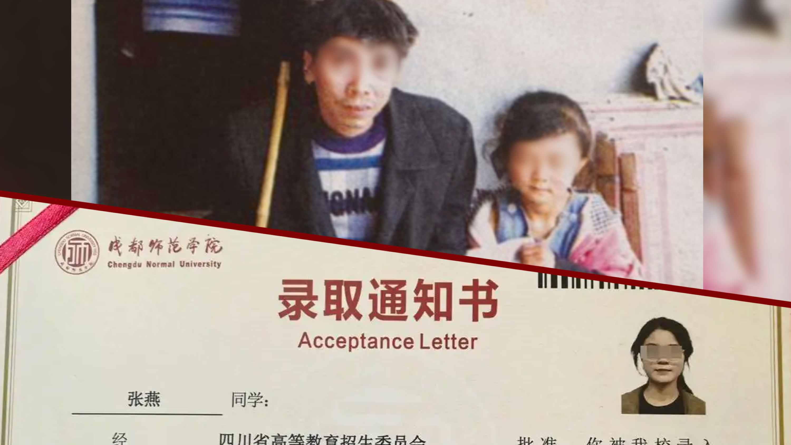 A girl in China who once begged with her blind father has gained national attention after being admitted to university. Photo: SCMP composite/Douyin/ifeng