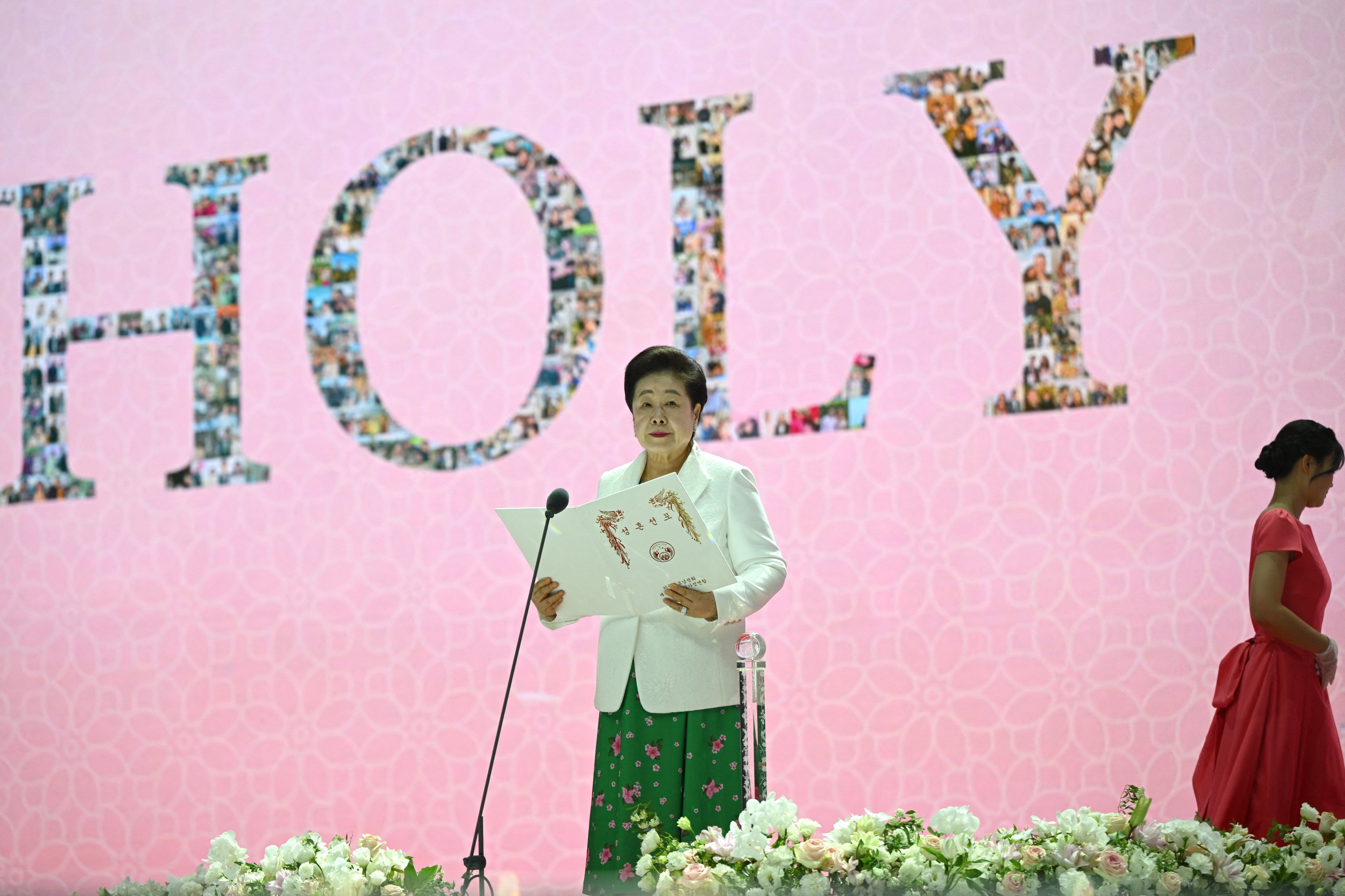 Unification Church leader Han Hak-ja attends a mass wedding ceremony in April at Cheongshim Peace World Centre in Gapyeong, South Korea. Photo: AFP