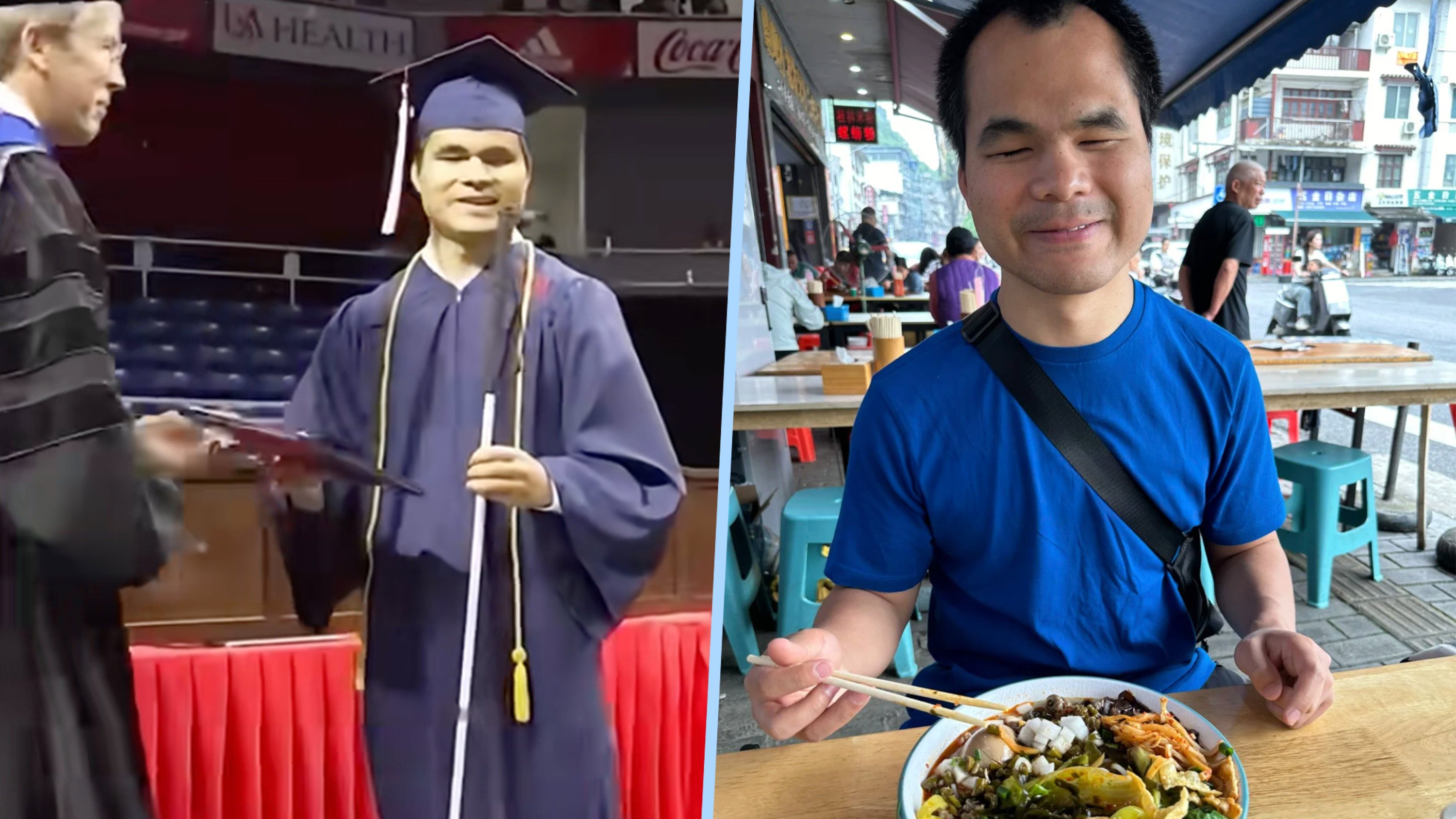 A blind orphan, now an aircraft engineer in the US,  recalled a painful incident when his grandfather pushed him into a lake for being born sightless. Photo: SCMP composite/RedNote