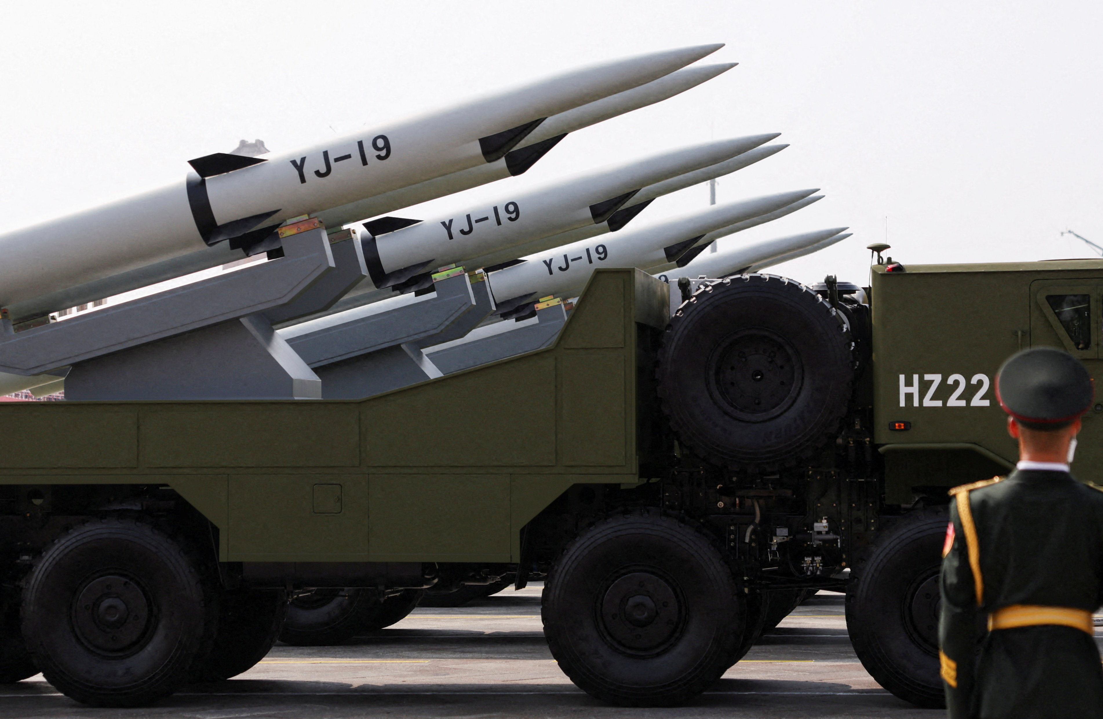 A member of the People’s Liberation Army stands at attention as the maritime operations group displays YJ-19 hypersonic anti-ship missiles during a military parade in Beijing on Wednesday marking the 80th anniversary of the end of World War II. Photo: Reuters