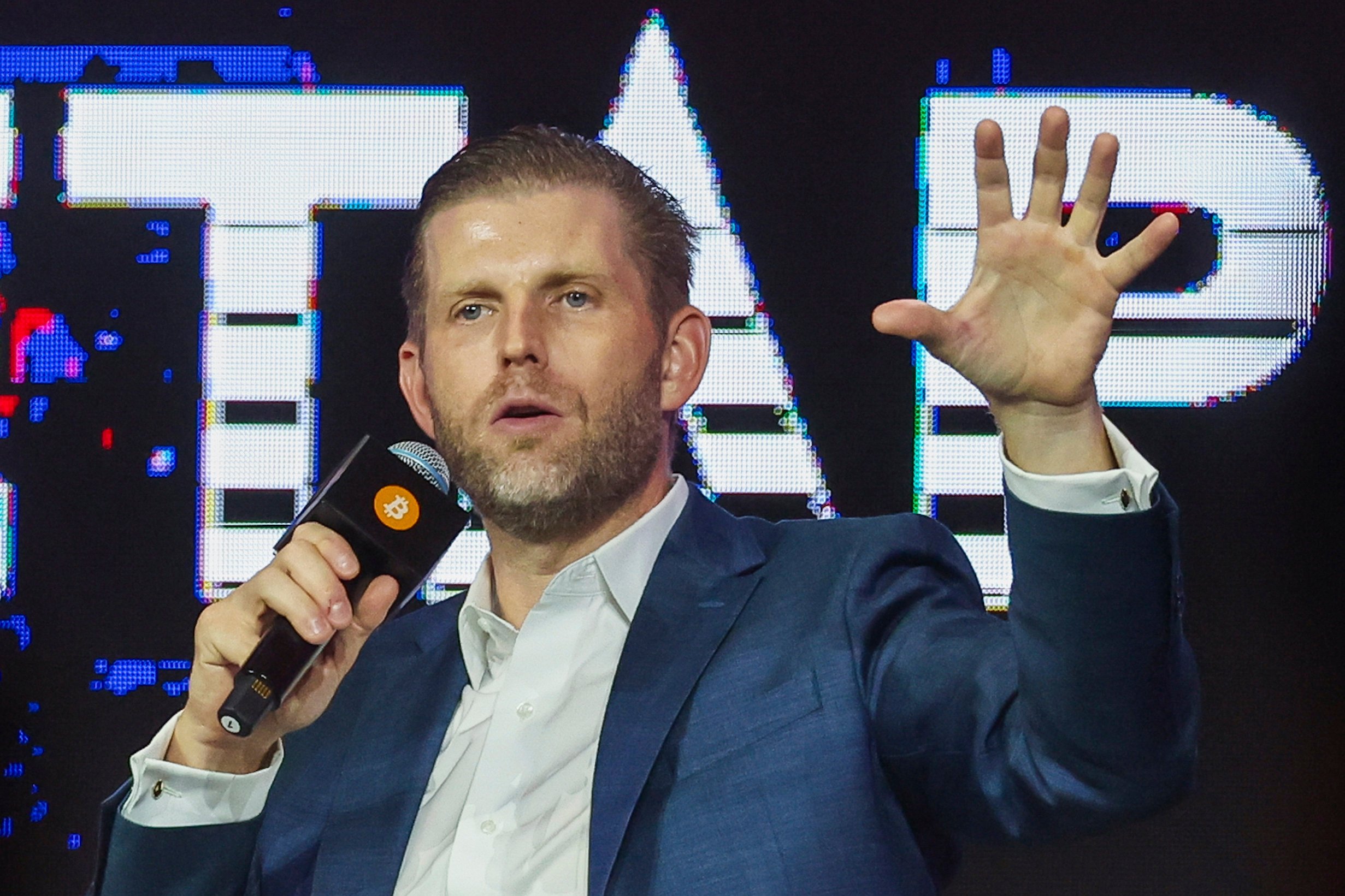 Eric Trump speaks during Bitcoin Asia 2025 in Hong Kong last week. Photo: AP