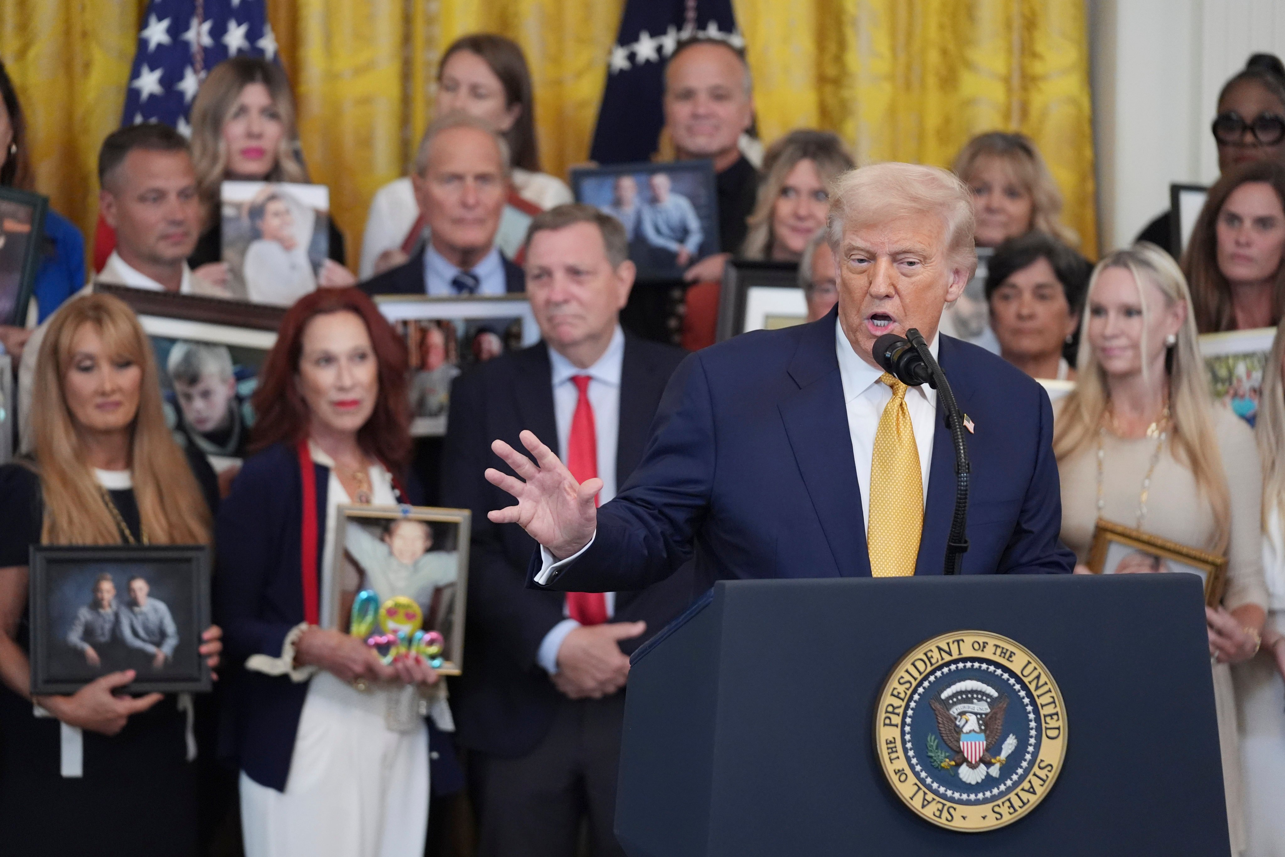 US President Donald Trump speaks during a ceremony to sign the Halt All Lethal Trafficking of Fentanyl Act at the White House on July 16. Photo: AP
