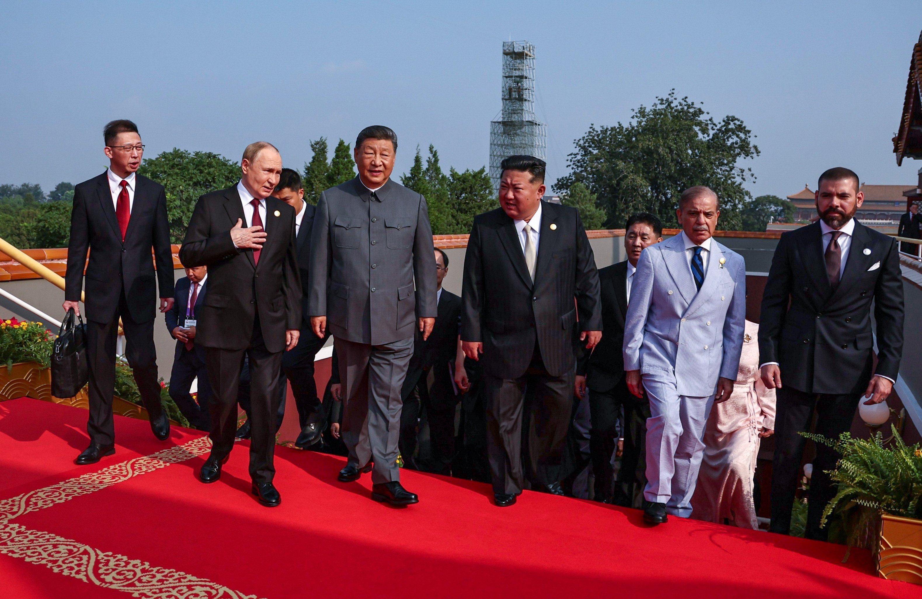 President Xi Jinping (centre) with Russia’s Vladimir Putin and the North Korean leader Kim Jong-un in Tiananmen Square on Wednesday for China’s Victory Day military parade. Photo: EPA