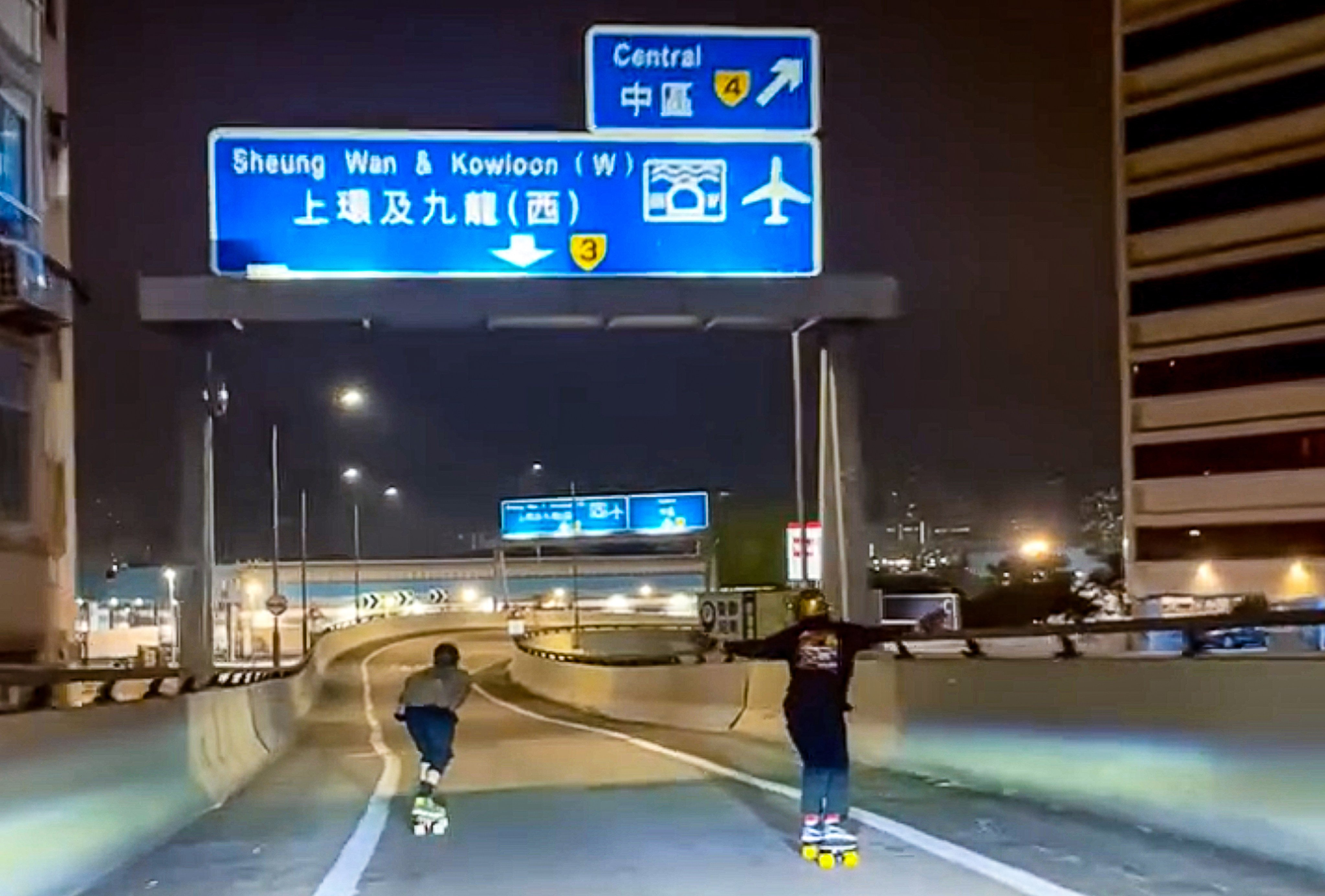 A video showing two young people skateboarding on the Hill Road flyover has gained more than 300,000 views on social media. Photo: Handout