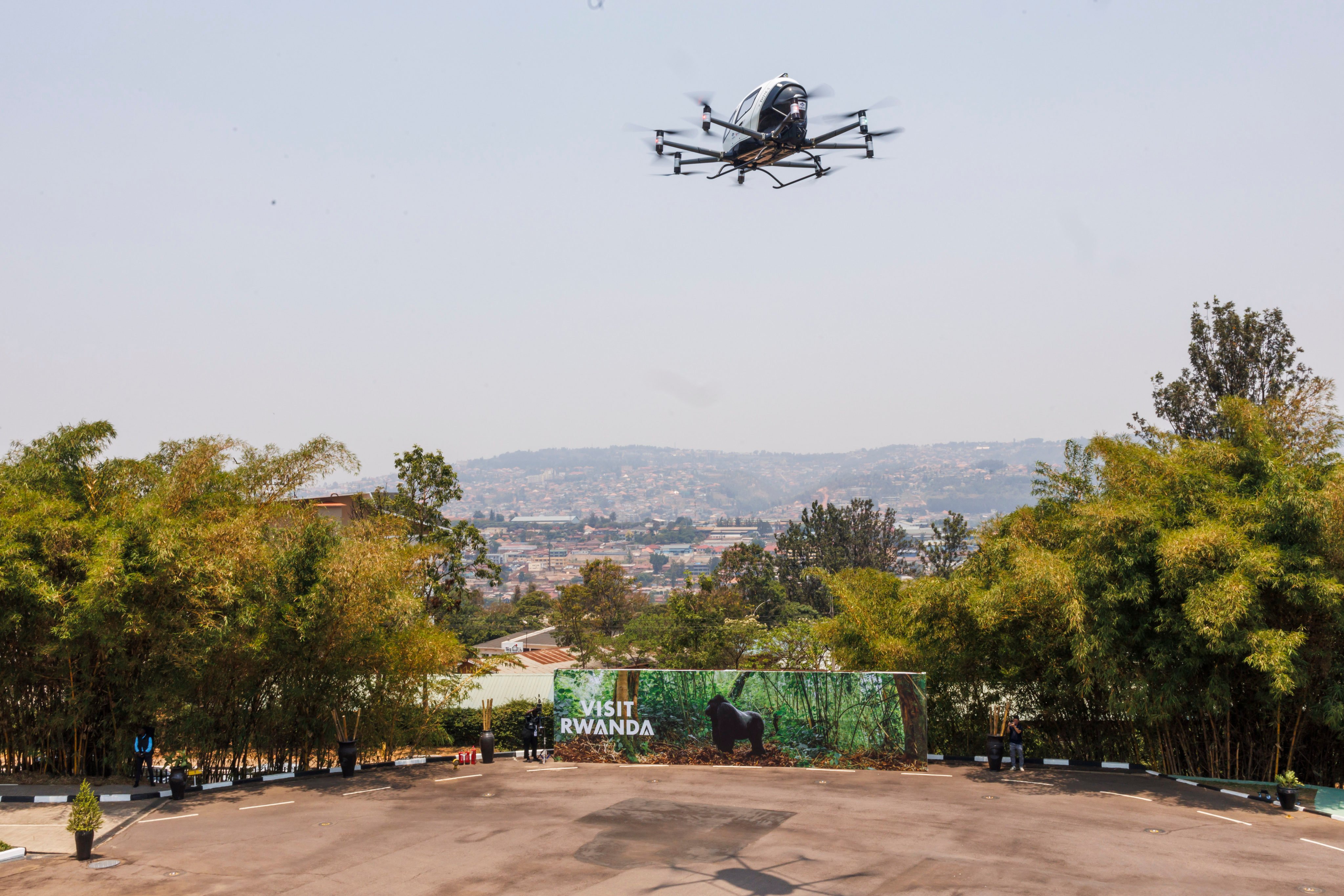 A pilotless electric air taxi made by the Chinese tech company EHang Holdings completes a test flight at the Aviation Africa Summit and Exhibition in Kigali, Rwanda on September 4. China’s low-altitude aircraft are attracting growing interest from global buyers. Photo: Xinhua