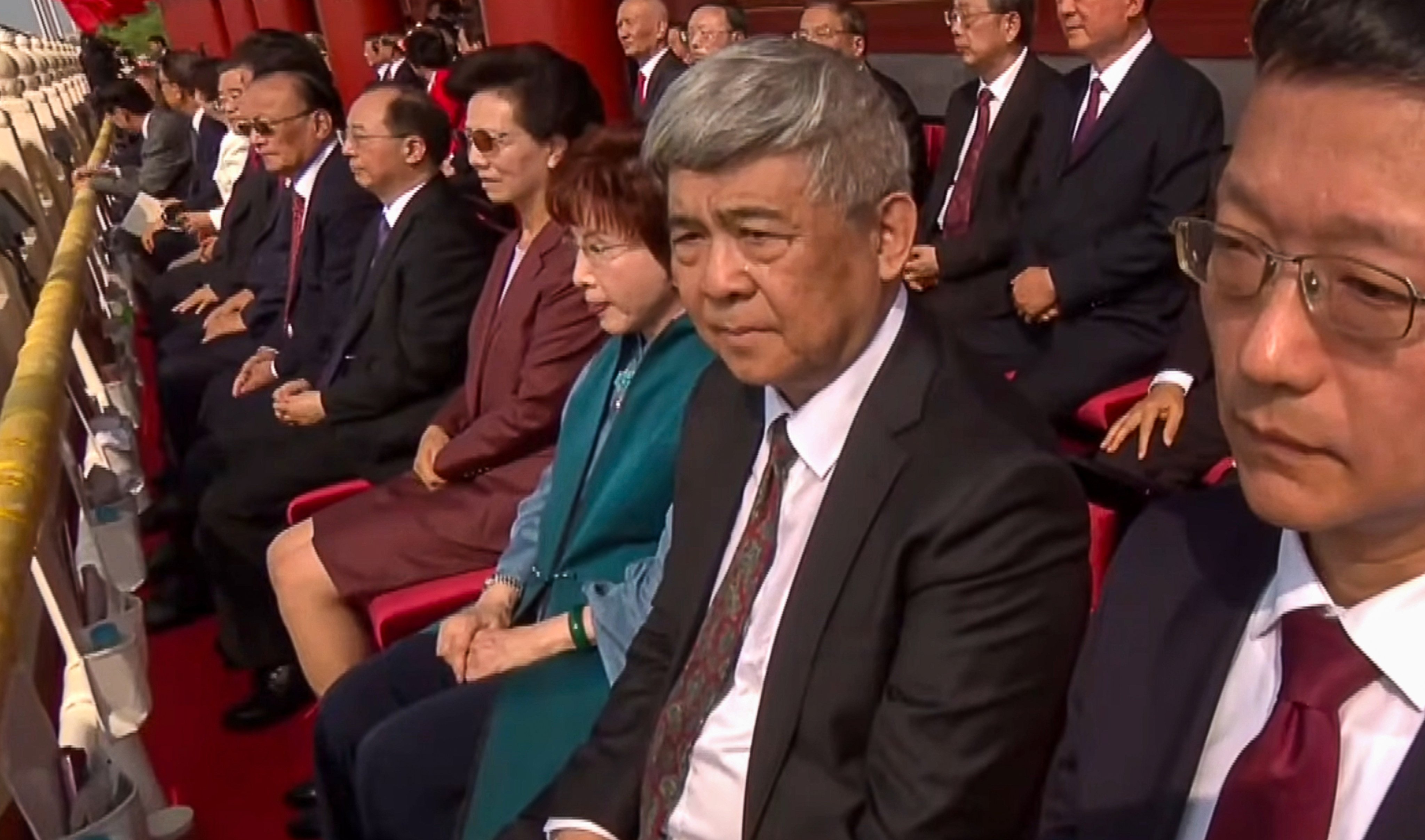 Former KMT chairwoman Hung Hsiu-chu (in green) drew criticism for attending the Beijing parade despite government warnings. Photo: CCTV