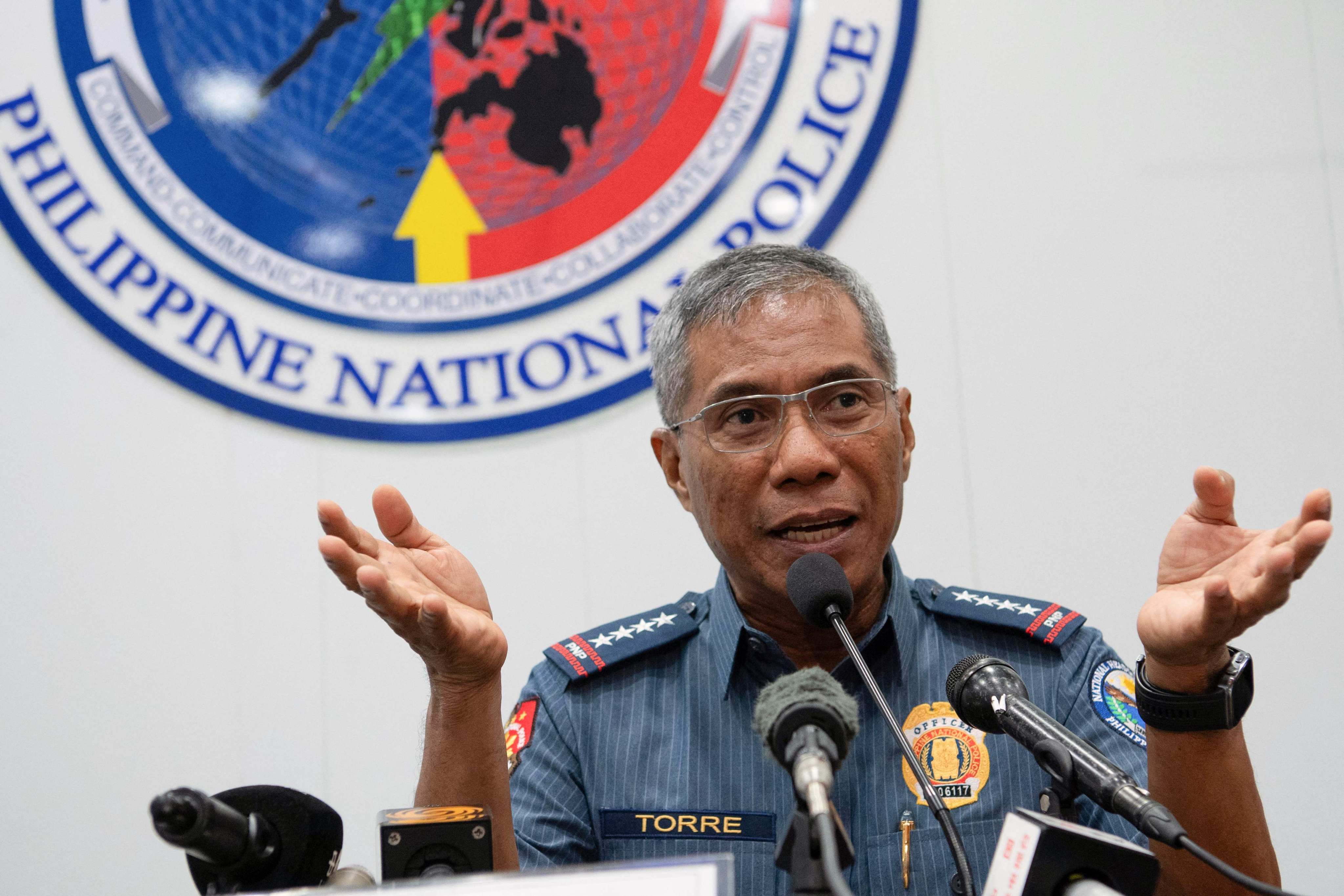 Philippine National Police Chief General Nicolas Torre speaks during a forum with the Foreign Correspondents Association of the Philippines at the police national headquarters in Manila on July 8.  Torre was dismissed as police chief on August 26. Photo: AFP