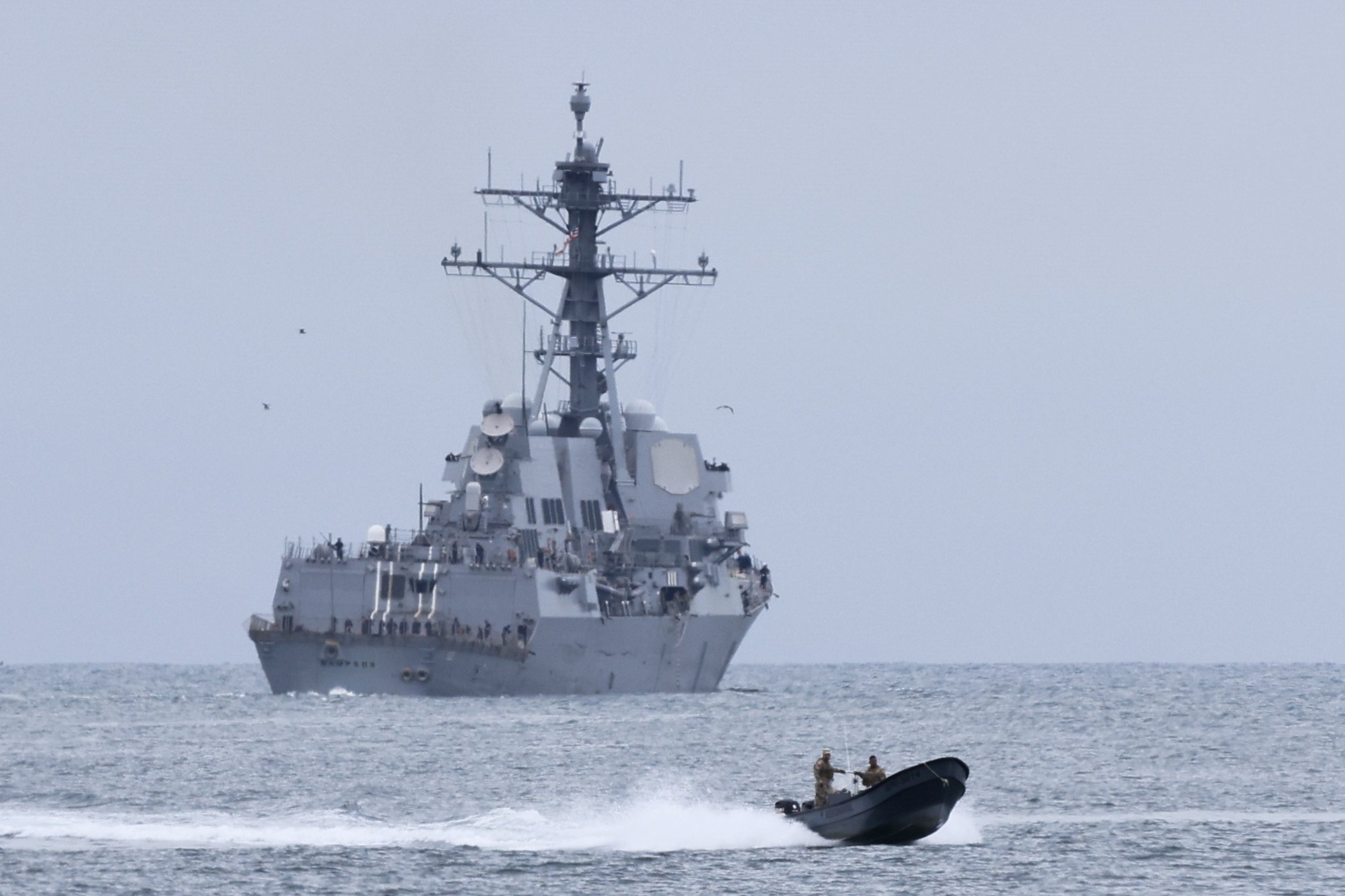 The USS Sampson departing Panama on Tuesday. The US has sent several ships carrying some 4,000 sailors and Marines to the Caribbean. Photo: EPA