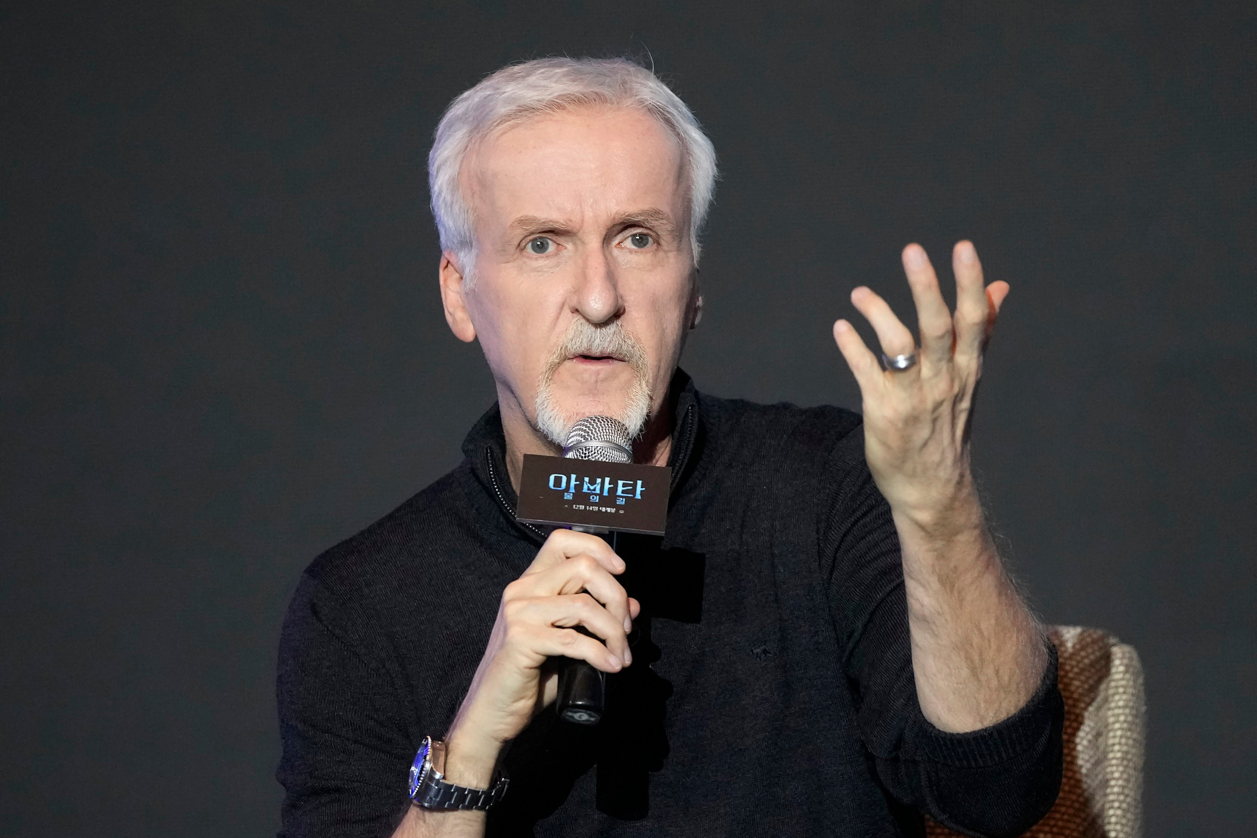 Director James Cameron speaks during a news conference to promote Avatar: The Way of Water in Seoul, South Korea, on December 9, 2022. The next film in the series, Avatar: Fire and Ash, releases in December. Photo: AP