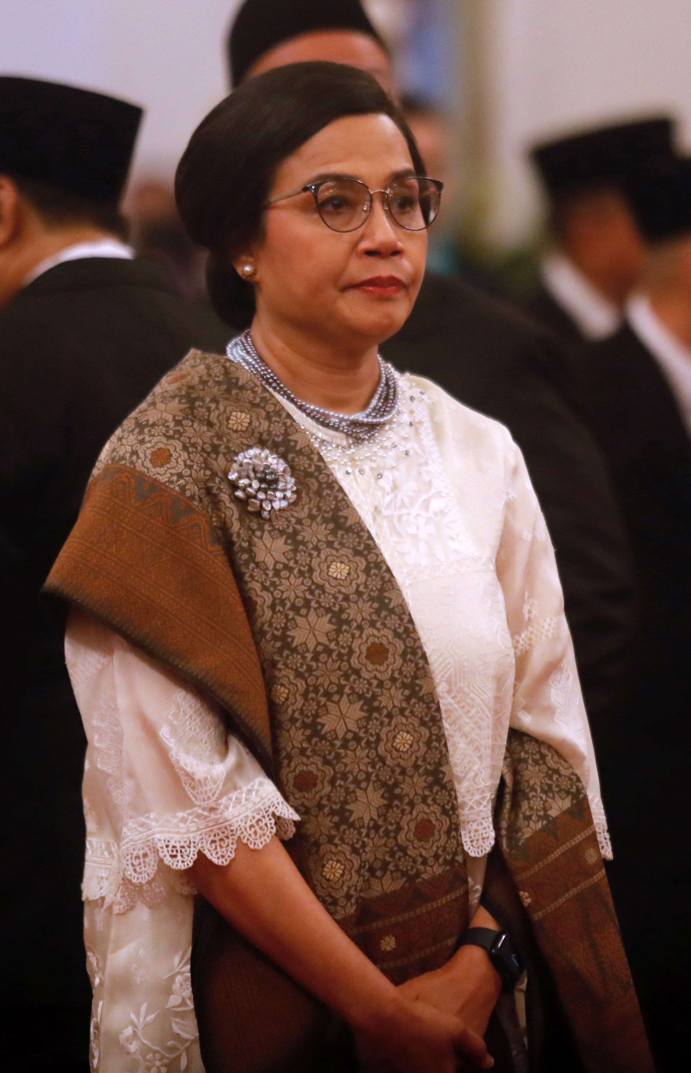 Indonesian Finance Minister Sri Mulyani stands during a cabinet inauguration ceremony at Merdeka Palace in Jakarta on October 21, 2024. Photo: EPA-EFE