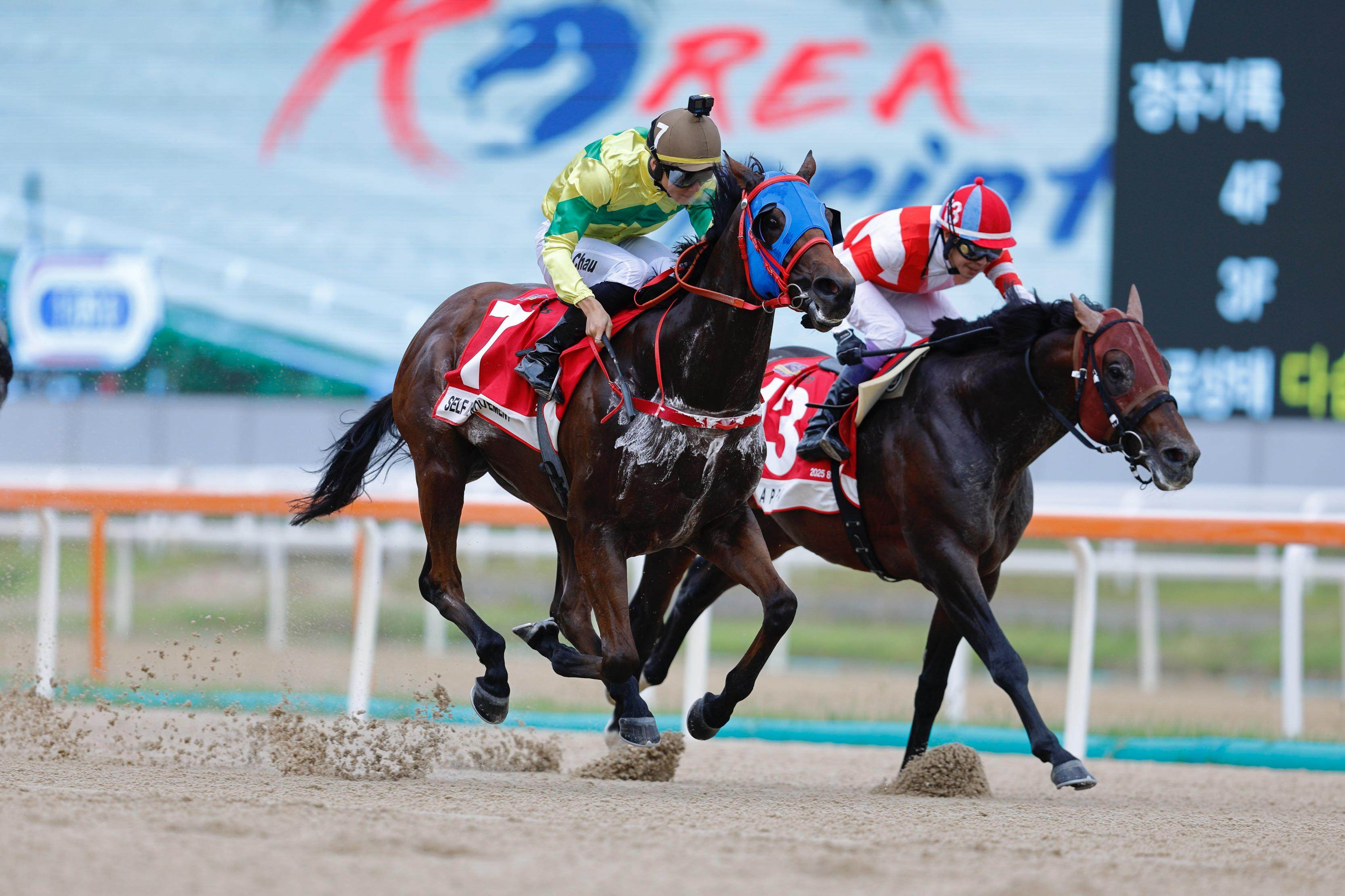 Self Improvement (outside) digs deep to win Sunday’s Group Three Korea Sprint (1,200m). Photos: Kenneth Chan