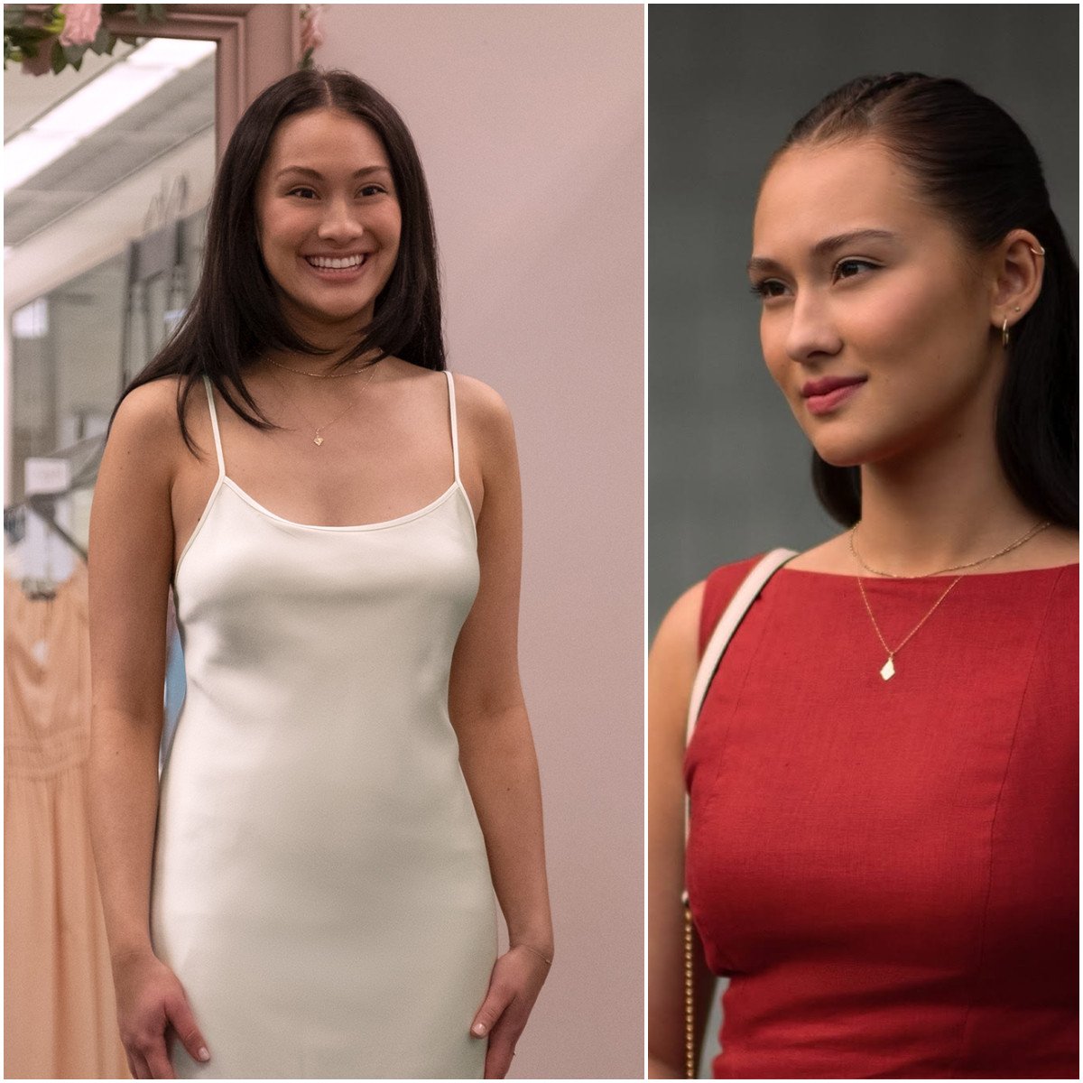 Belly (played by Lola Tung) in Victoria Beckham and Reformation on The Summer I Turned Pretty. Photos: Prime Video, @catbirdnyc/Instagram
