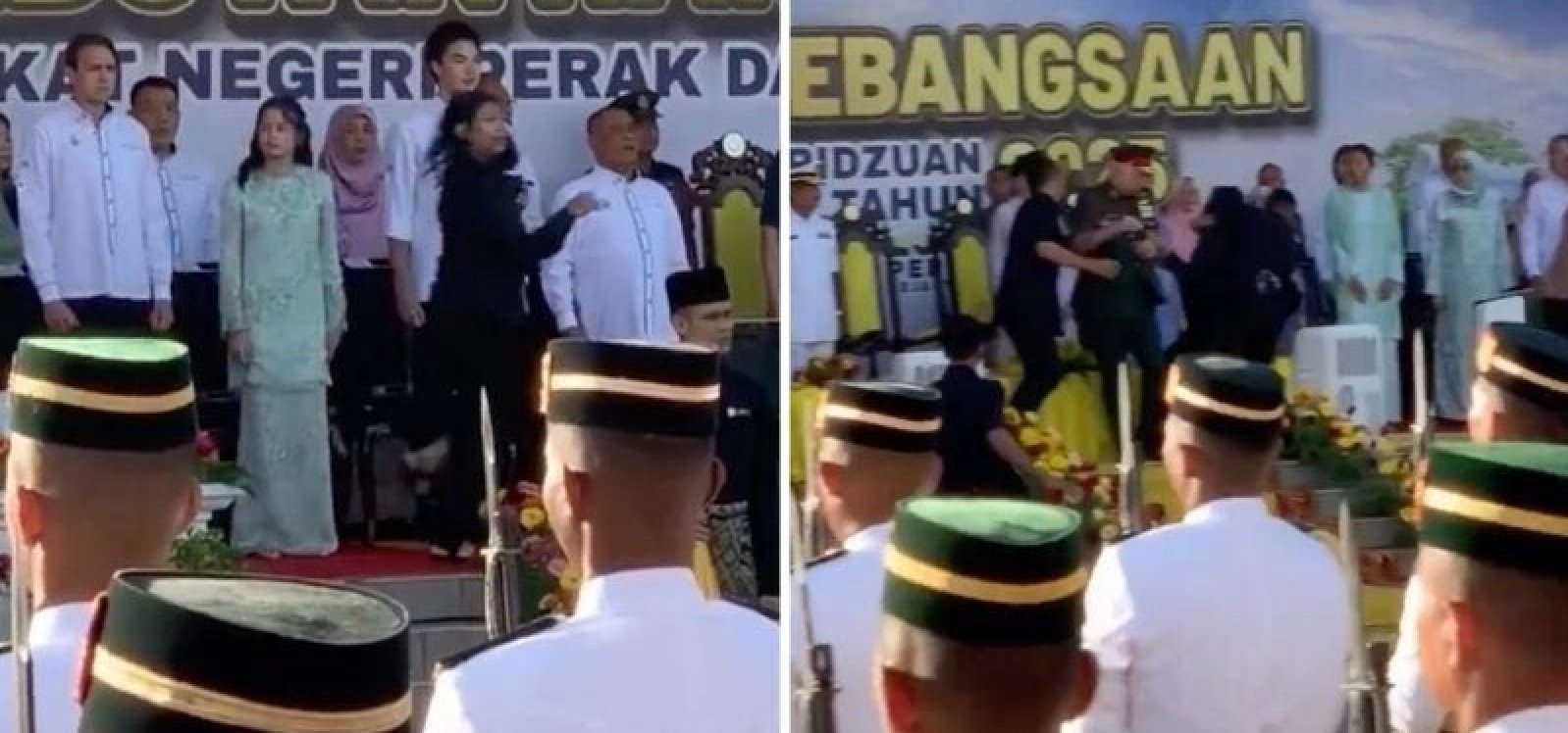 Screengrabs from videos of the event show Nurhaswani suddenly rushing towards Sultan Nazrin on stage on August 31. Photo: Handout