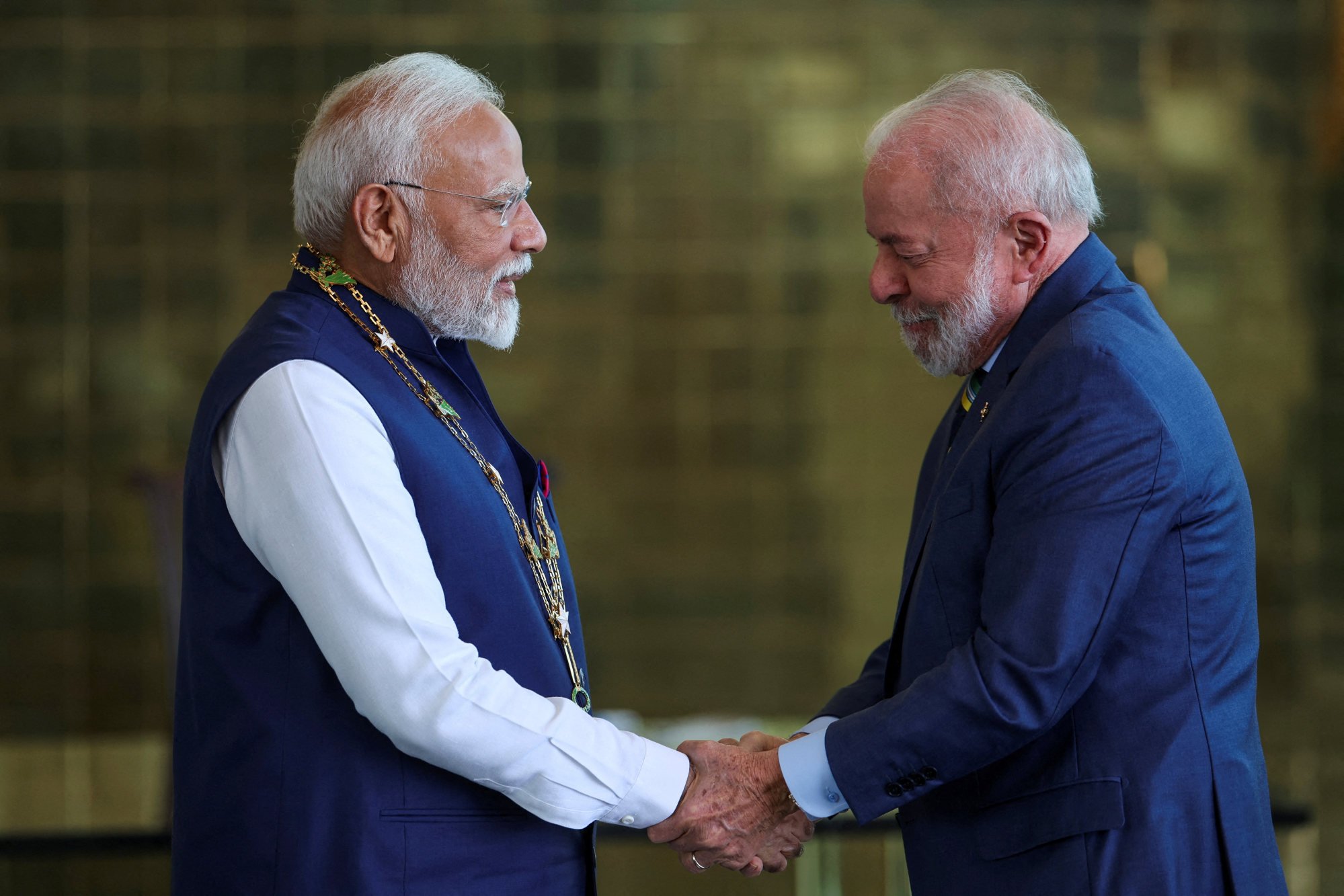 Brazil President Luiz Inácio Lula da Silva shakes hands with India’s Prime Minister Narendra Modi during a ceremony at the Alvorada Palace in Brasília in July. Photo: Reuters
