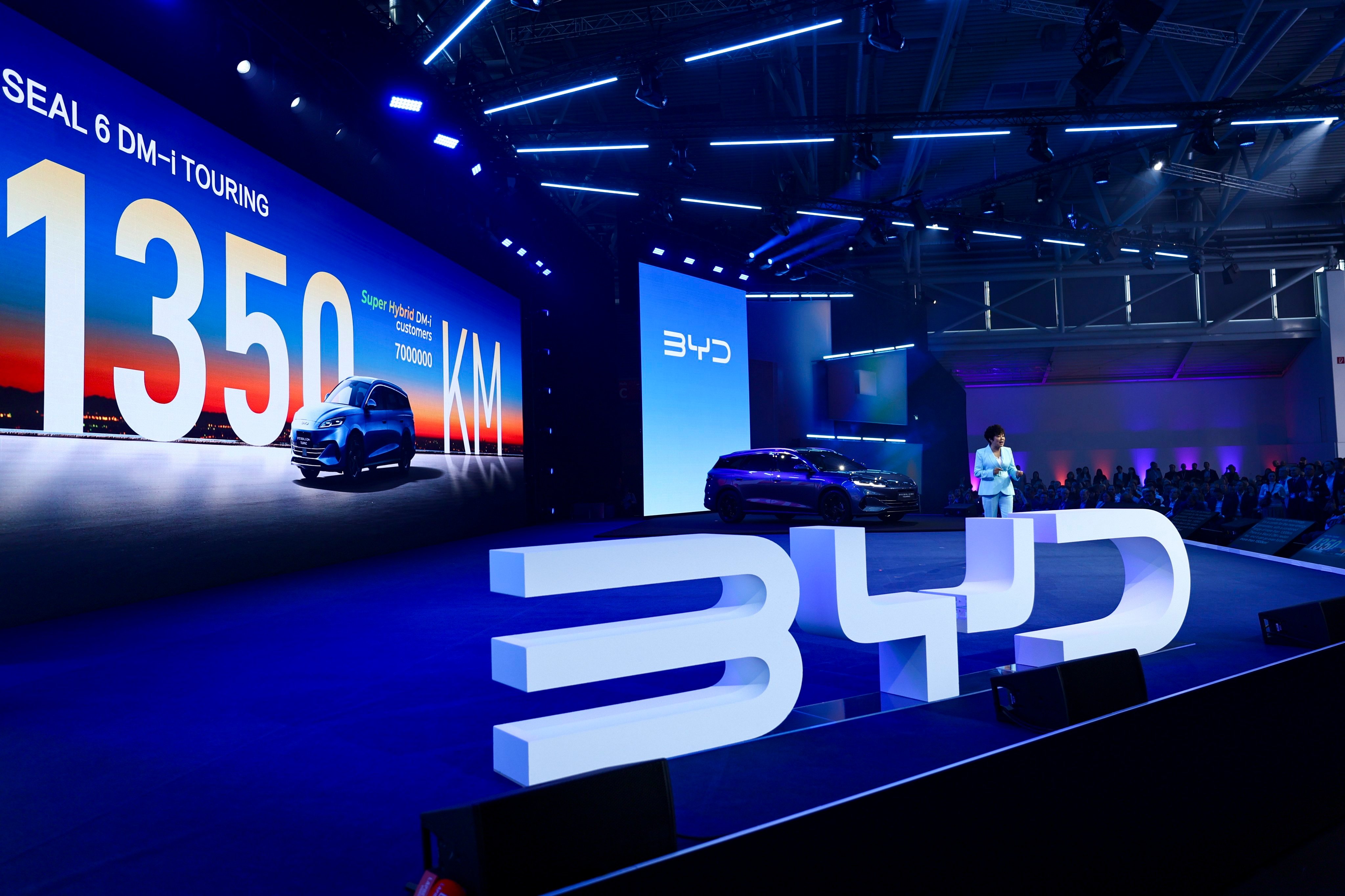 BYD executive vice-president Stella Li speaks at the IAA Mobility car show in Munich on Monday. Photo: EPA