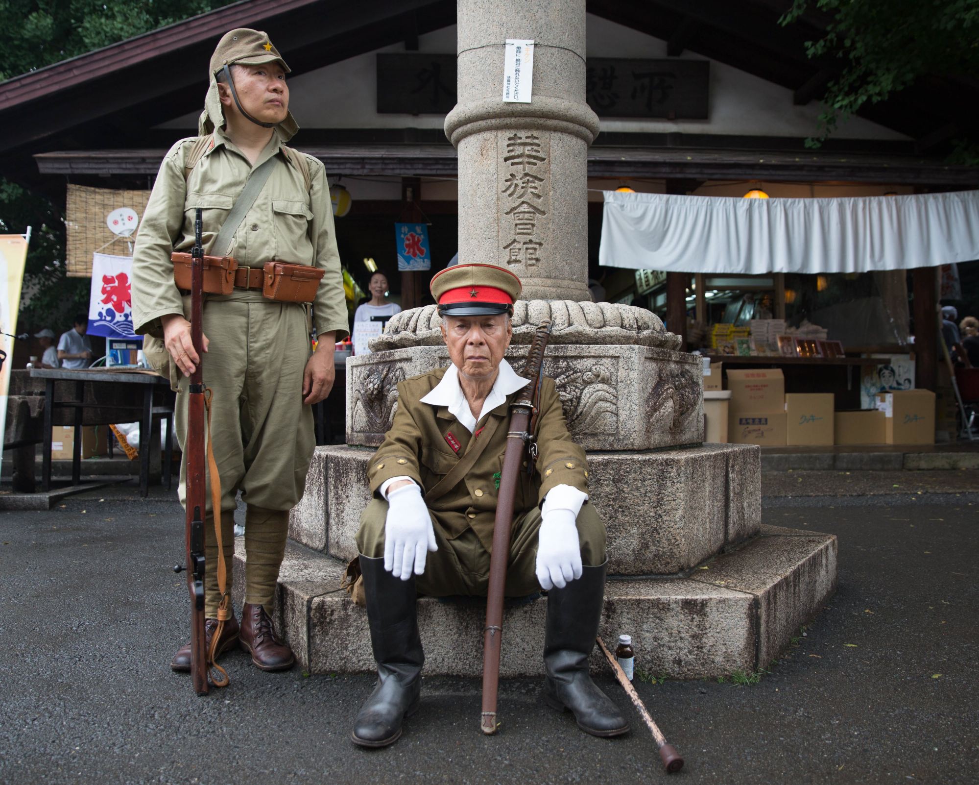 Japanese nationals wear imperial army uniforms at the controversial Yasukuni Shrine in Tokyo. Photo: EPA