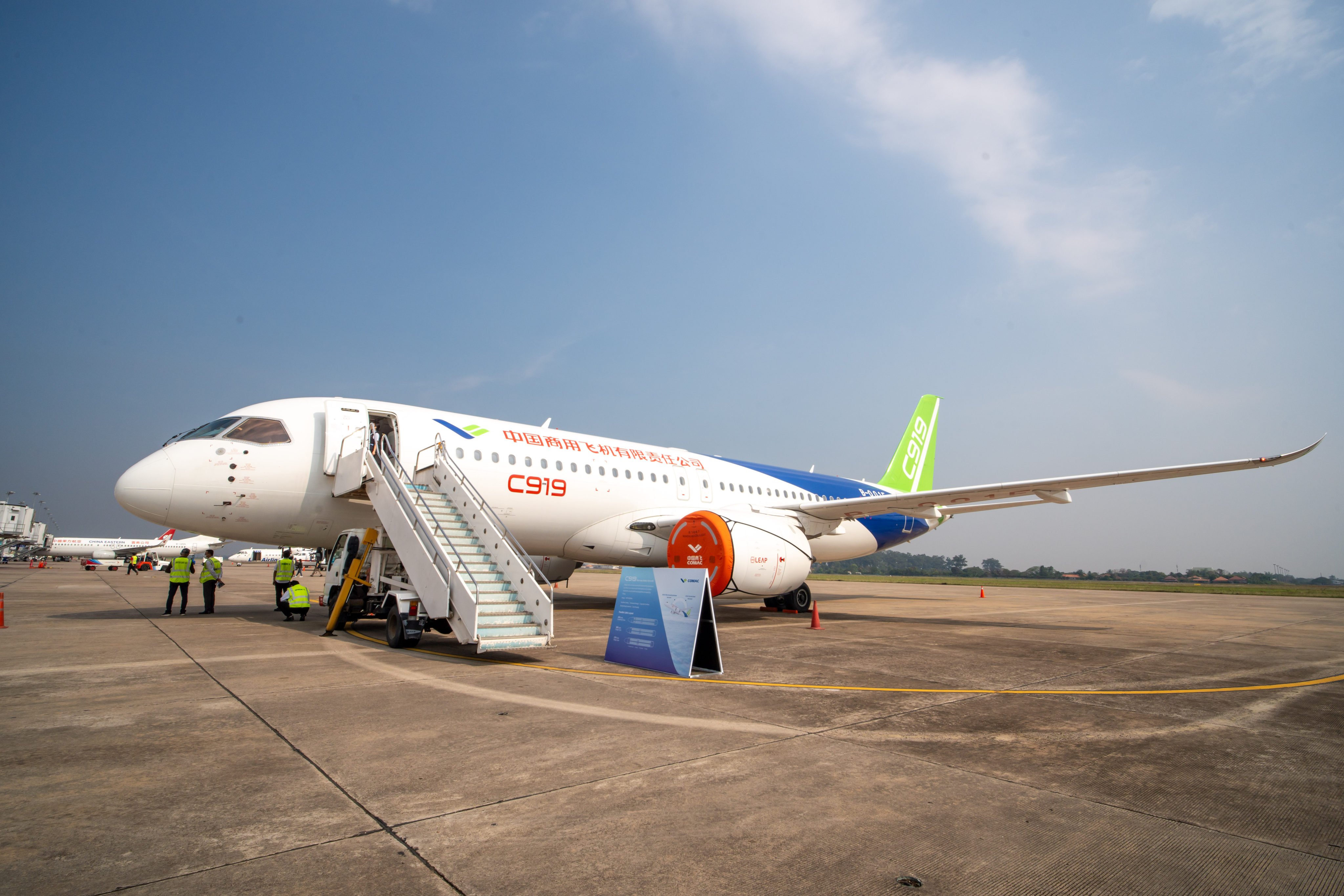 This photo taken on March 4, 2024, shows a Chinese airplane C919 at Wattay International Airport in Vientiane, Laos. Photo: Xinhua