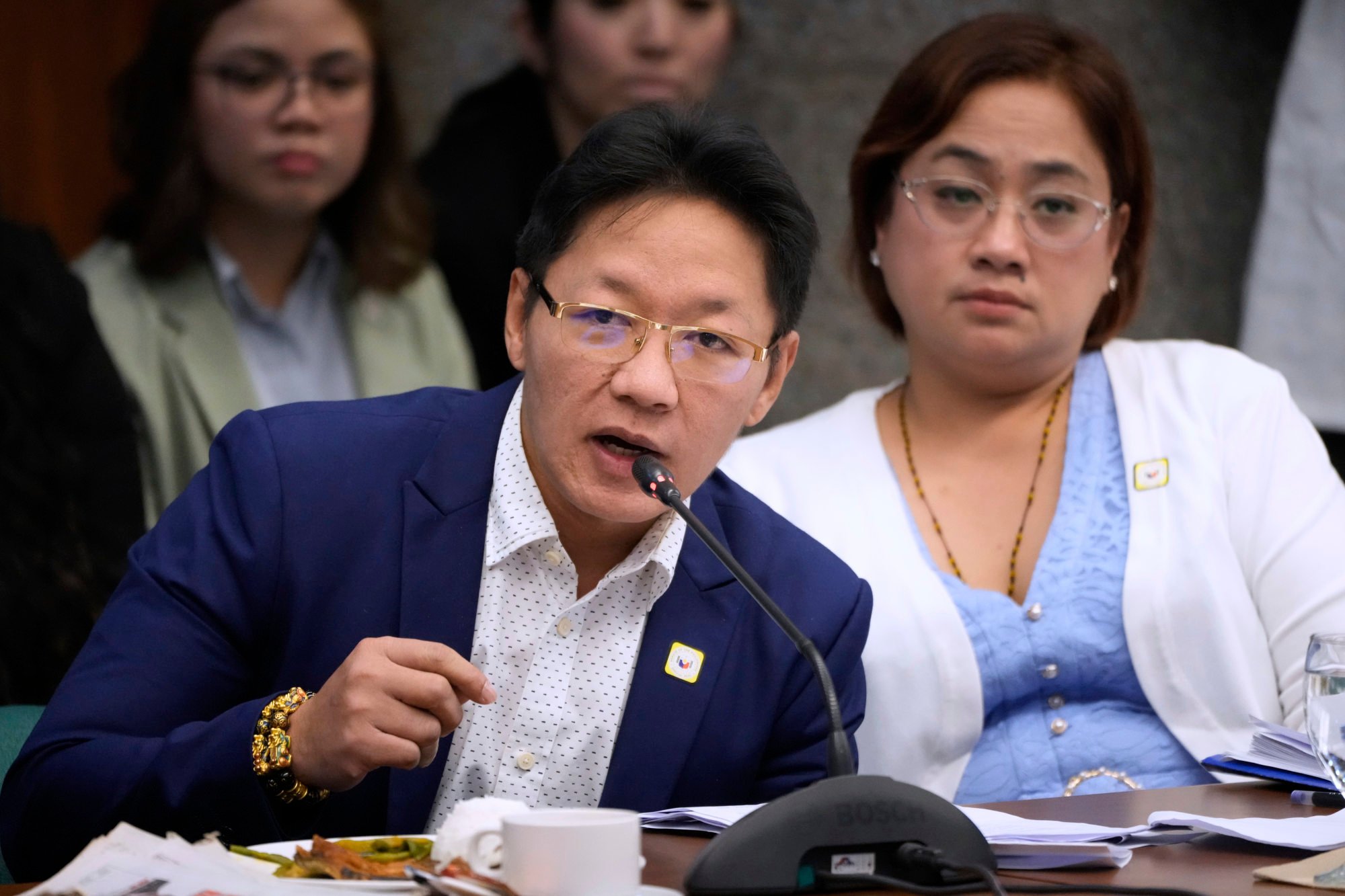 Private contractors Pacifico Discaya (left) and wife Sarah during investigations on flood control projects at the Senate Blue Ribbon committee in Pasay City, the Philippines on Monday. Photo: AP