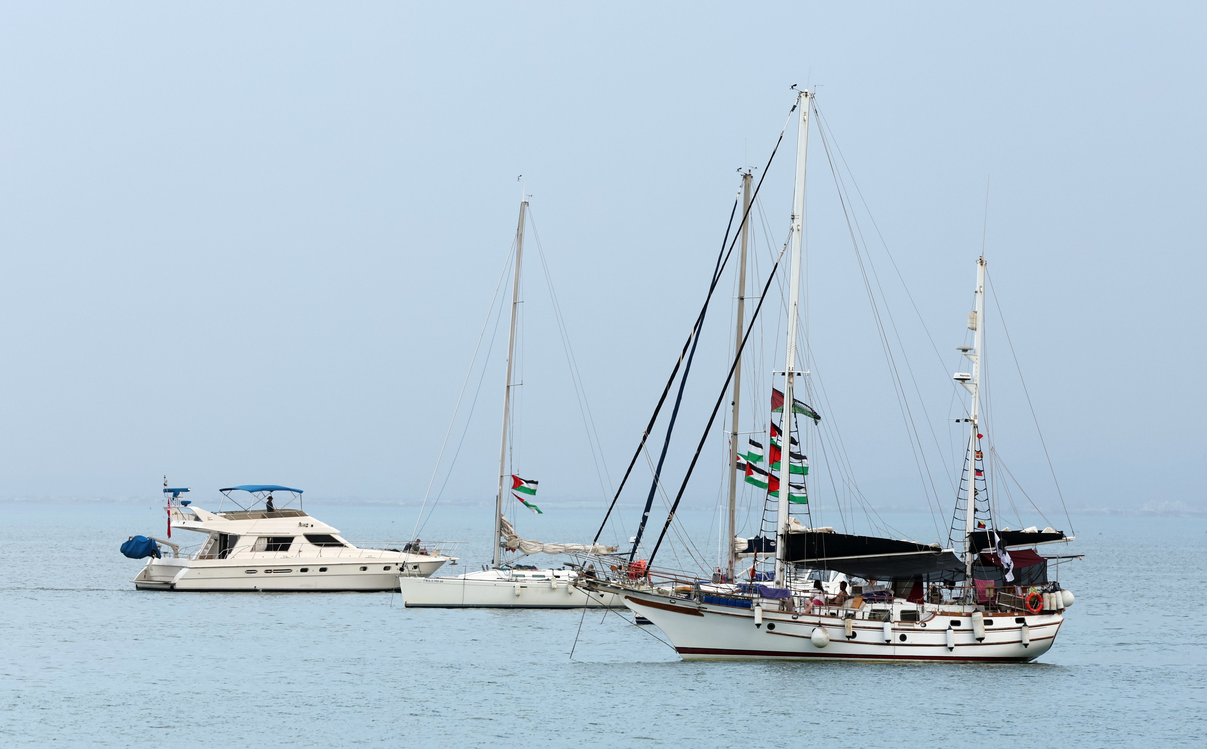Vessels, part of the Global Sumud Flotilla, off the coast of Sidi Bou Said, Tunisia. Photo: EPA