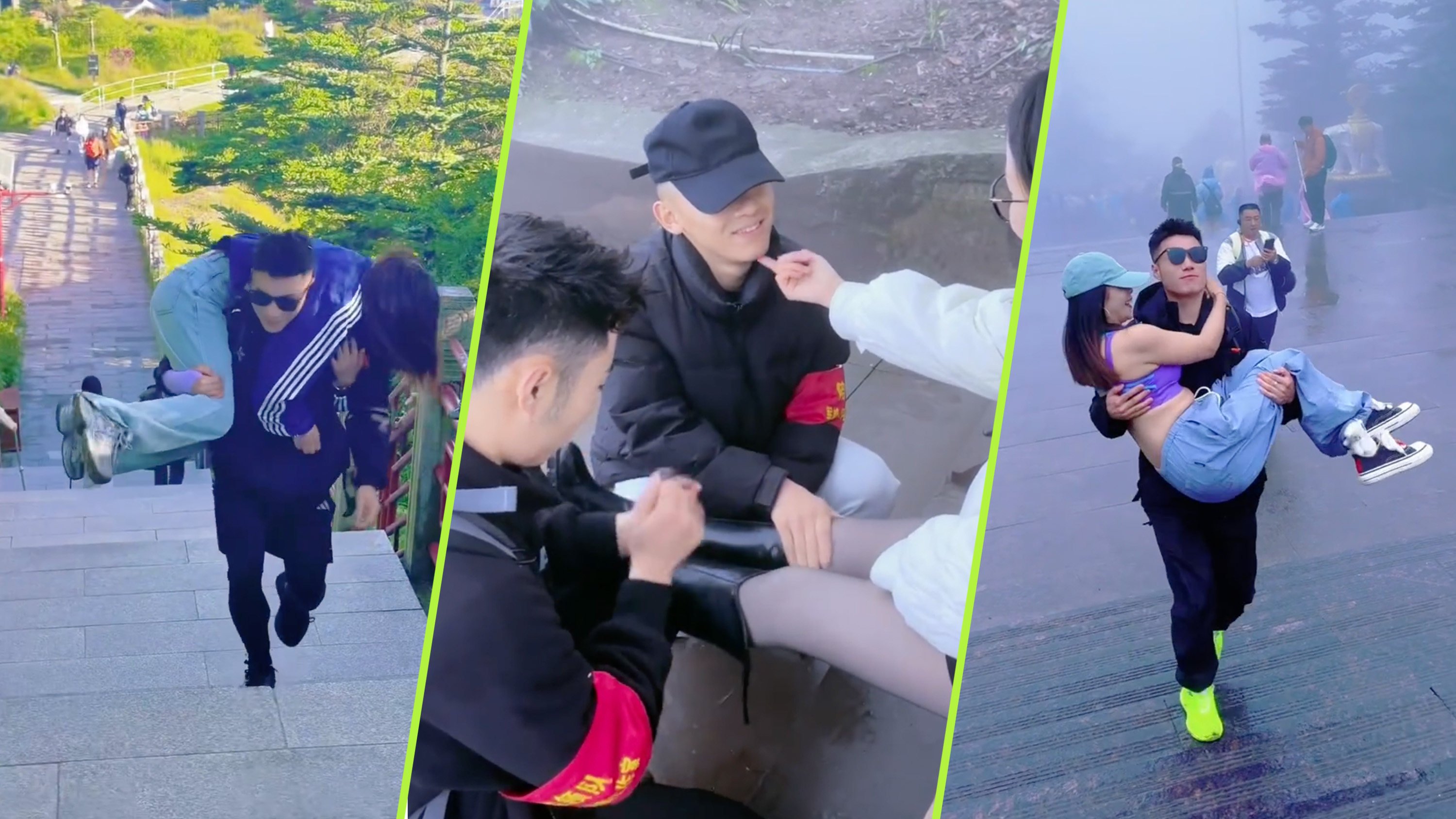 Some internet users have expressed concerns about a mountain climbing service, claiming male tour guides carry female customers and massage their legs. Photo: SCMP composite/RedNote