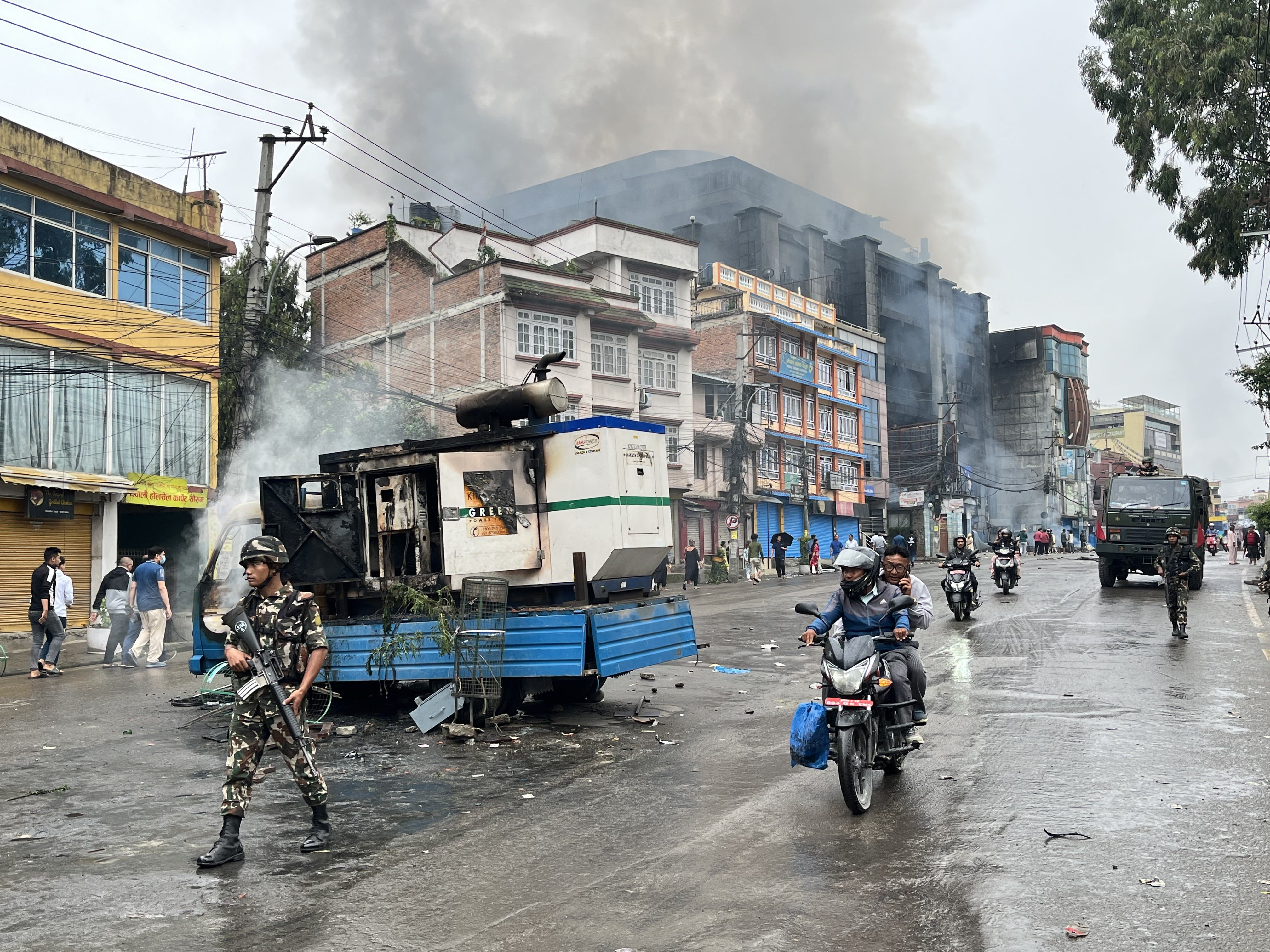 The Bhat-Bhateni supermarket in Boudha area in Kathmandu, Nepal, was torched on Tuesday night and still burning by Wednesday morning. Photo: Bibek Bhandari