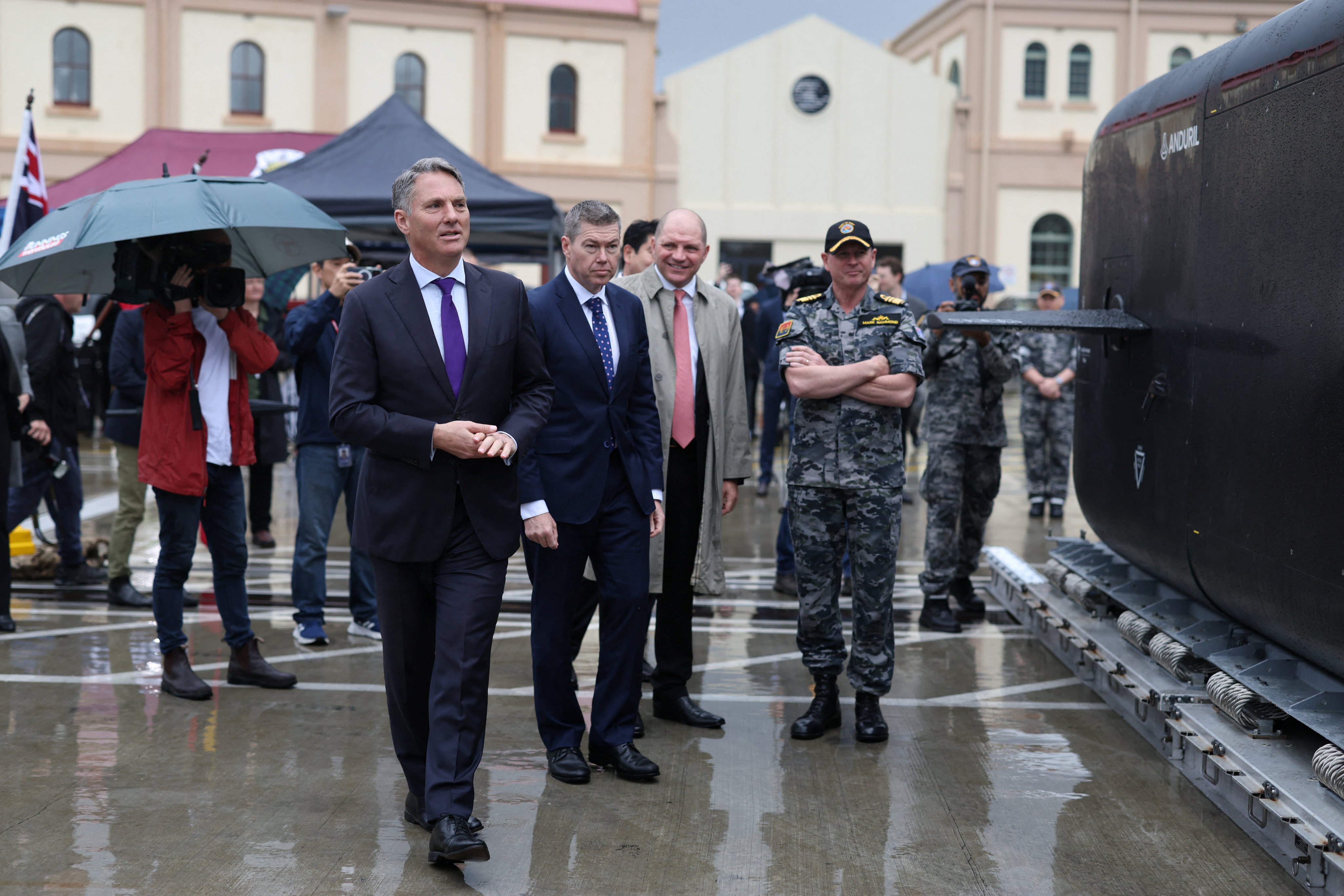 Australian Deputy Prime Minister Richard Marles inspects a long-range autonomous vehicle at a naval base in Sydney on Wednesday. Photo: Reuters