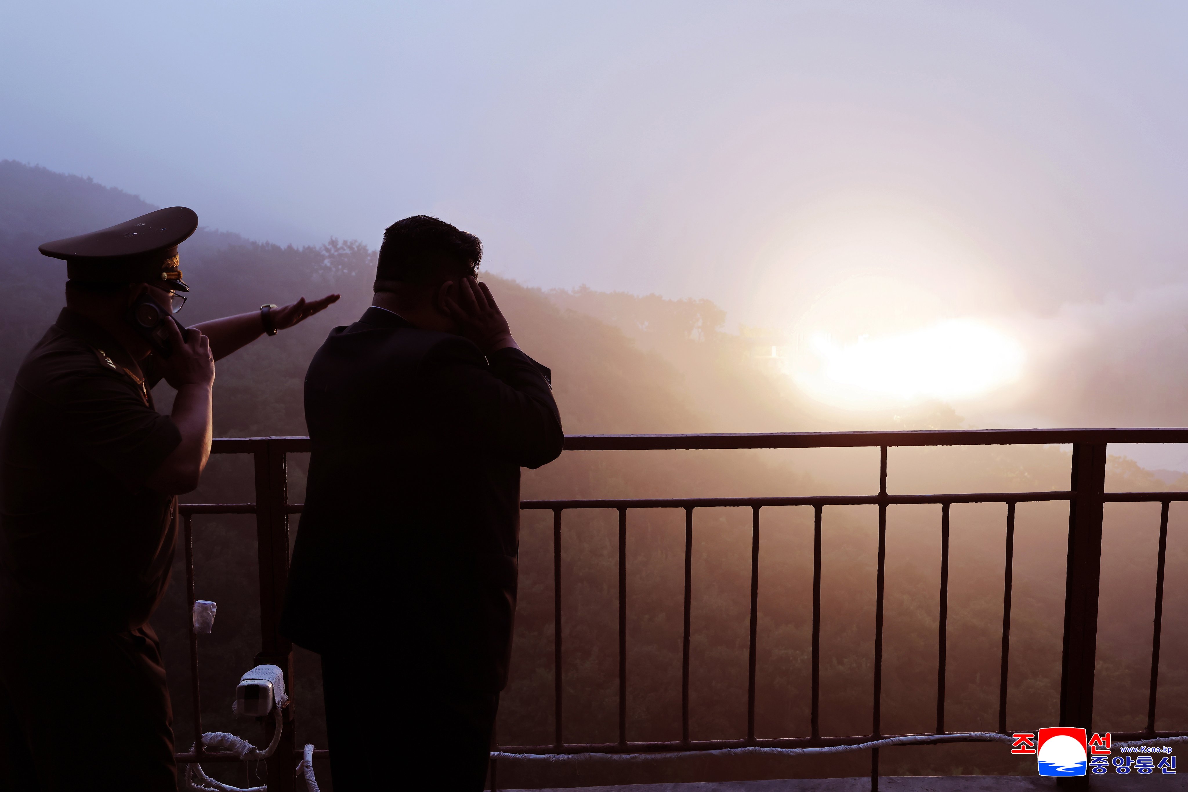 North Korean leader Kim Jong-un oversees a ground jet test of a high-thrust solid-fuel engine using composite carbon fibre material at an undisclosed location in North Korea on Tuesday. Photo: KCNA/EPA