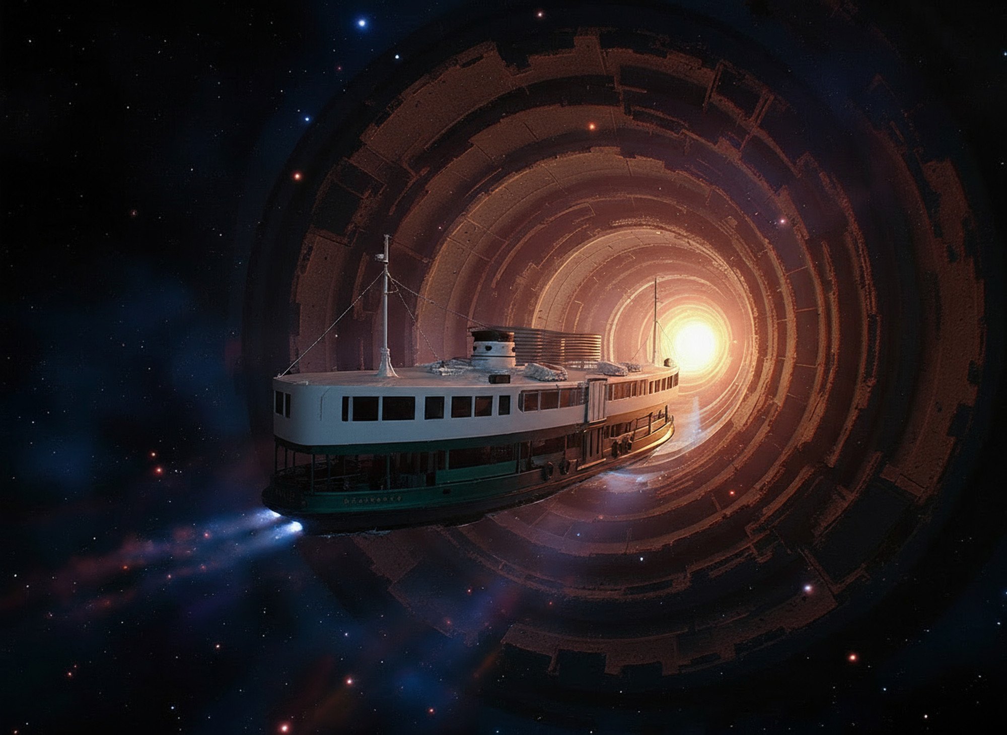 Nano banana produced this image with the prompt, ‘Turn the Star Ferry into a spacecraft traversing a wormhole in space'. Photo: Nano Banana