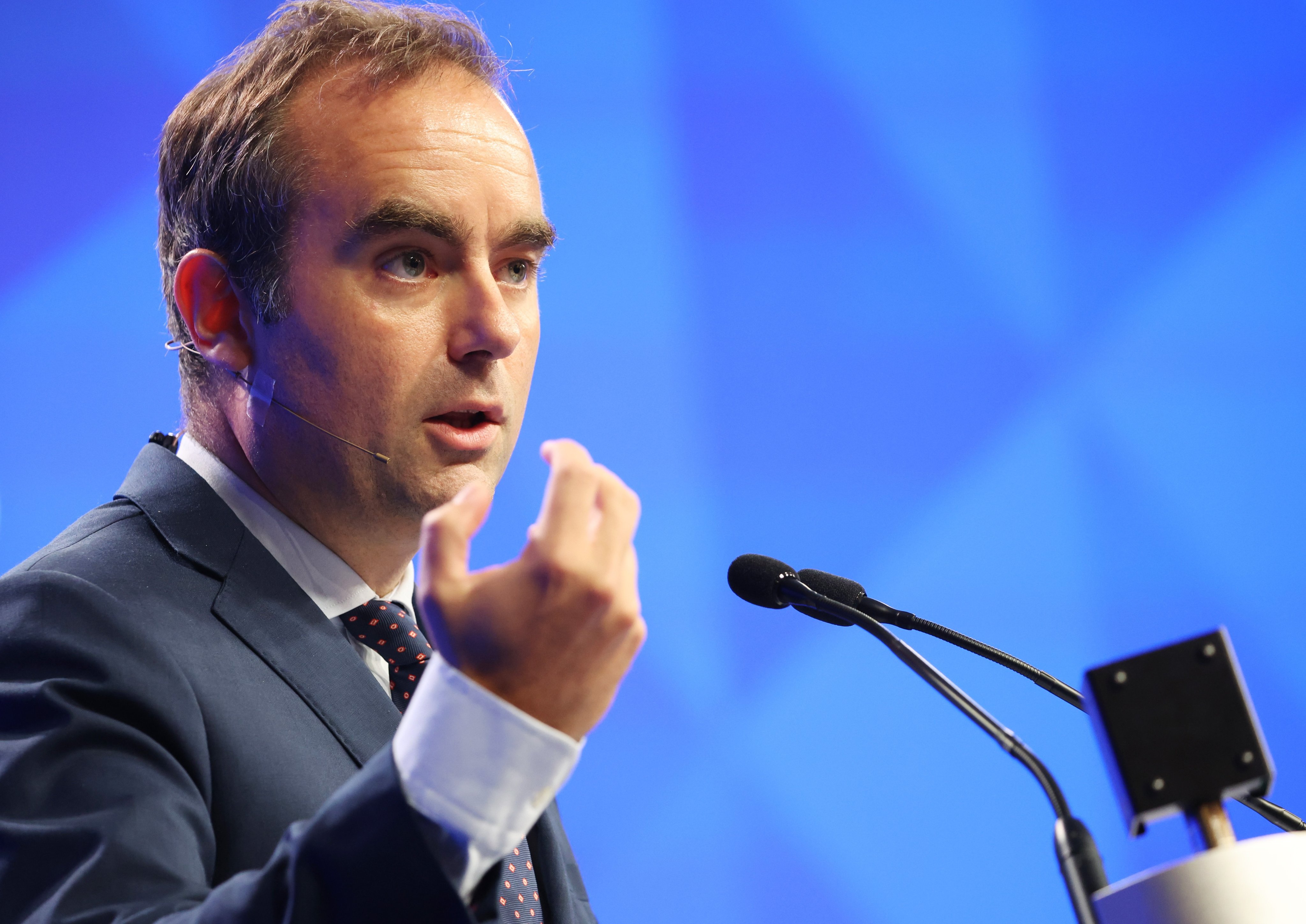 France’s Minister of the Armed Forces Sebastien Lecornu delivers his speech during the Shangri-La Dialogue Defence Summit in Singapore in May. Photo: EPA
