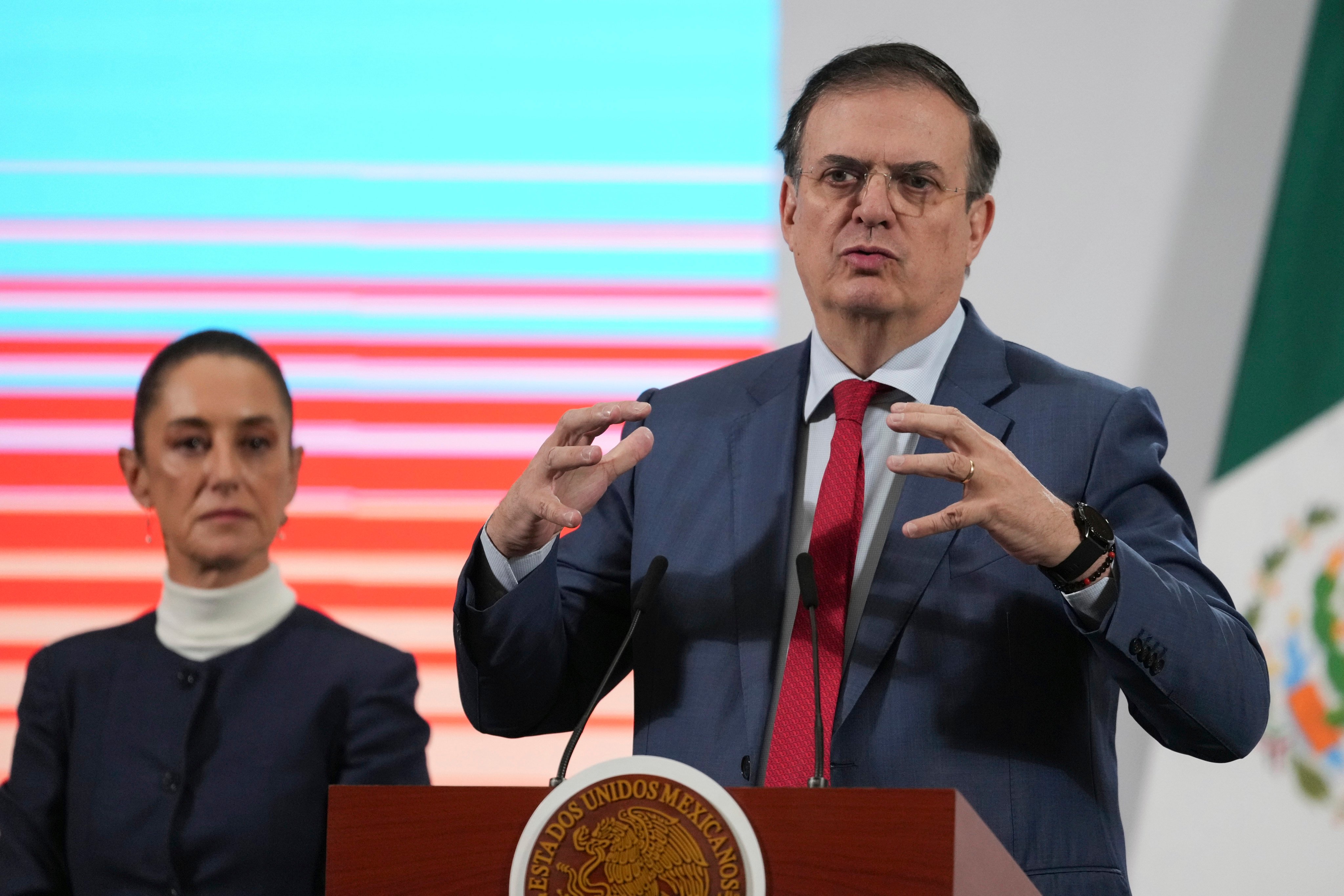 Mexican Economy Secretary Marcelo Ebrard speaks during President Claudia Sheinbaum’s daily morning press conference at the National Palace in Mexico City in February. Photo: AP