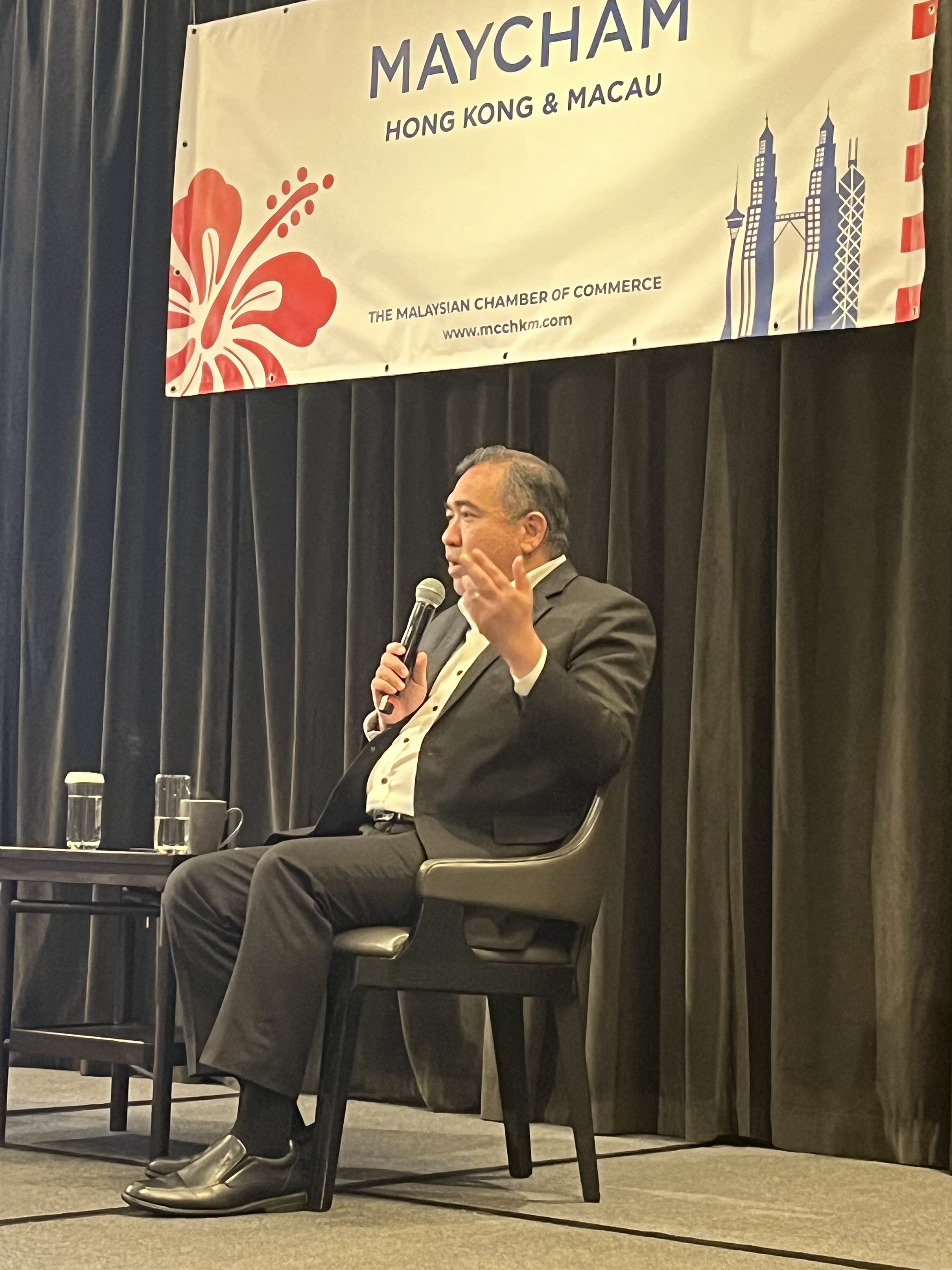 Malaysian Transport Minister Anthony Loke speaking at a Malaysian Chamber of Commerce Hong Kong and Macau event on Wednesday. Photo: Jean Iau