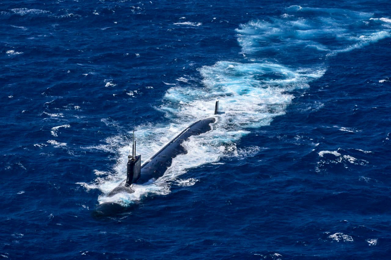 A US nuclear submarine seen during military exercises 70 nautical miles (130km) off Cartagena, Colombia. US President Donald Trump ordered the deployment of two nuclear submarines on August 1, 2025 in an extraordinary escalation of what had been an online war of words with a Russian official over Ukraine and tariffs. Photo:  Colombian National Navy/AFP