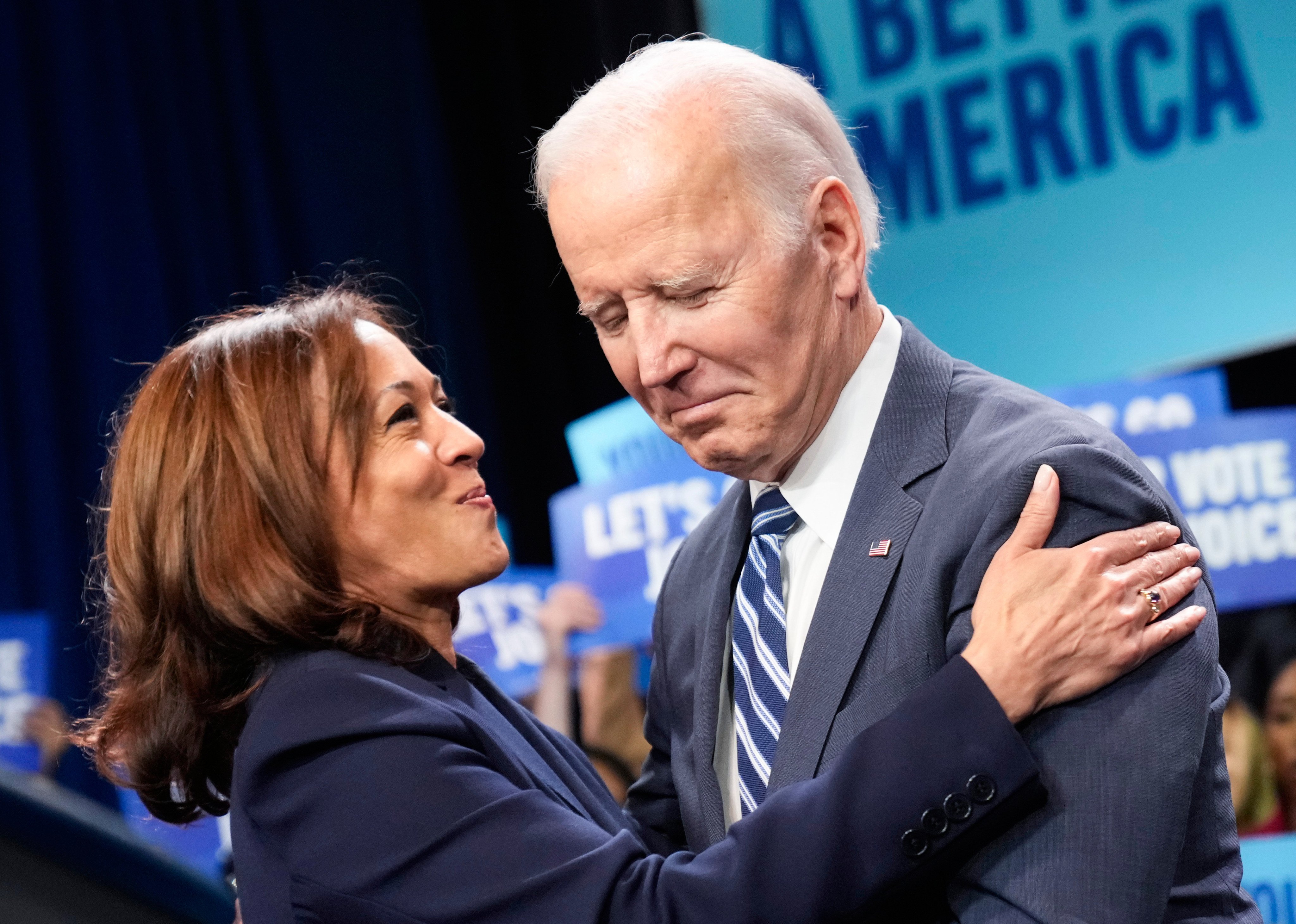 US Vice-President Kamala Harris hugs President Joe Biden in Washington in November 2022. Photo: AP