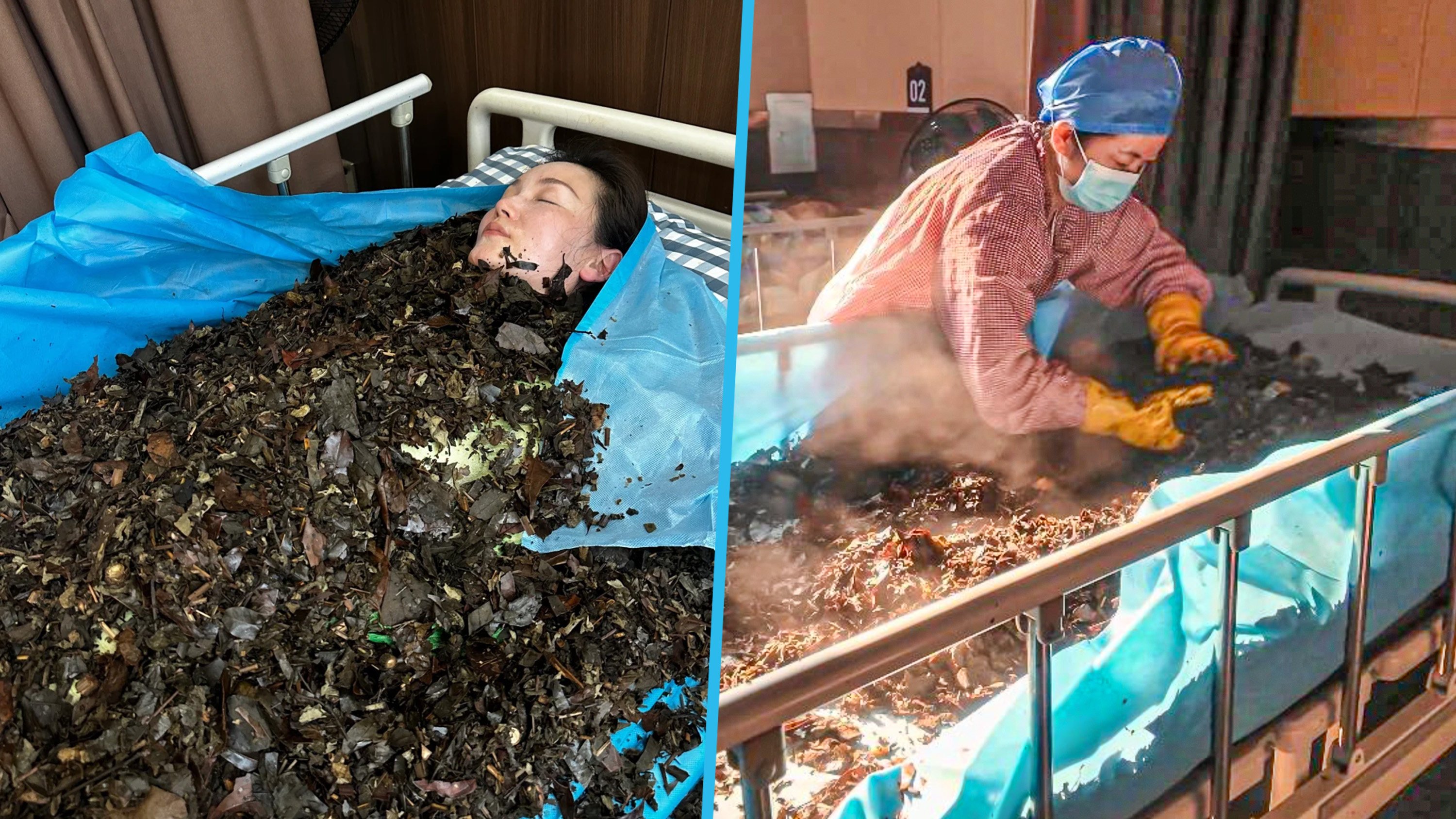 A herbal sleep therapy clinic in China is offering a treatment that involves lying on hot, stir-fried herbs to treat rheumatism and joint pain. Photo: SCMP composite/Zhihu/banyuetan.org