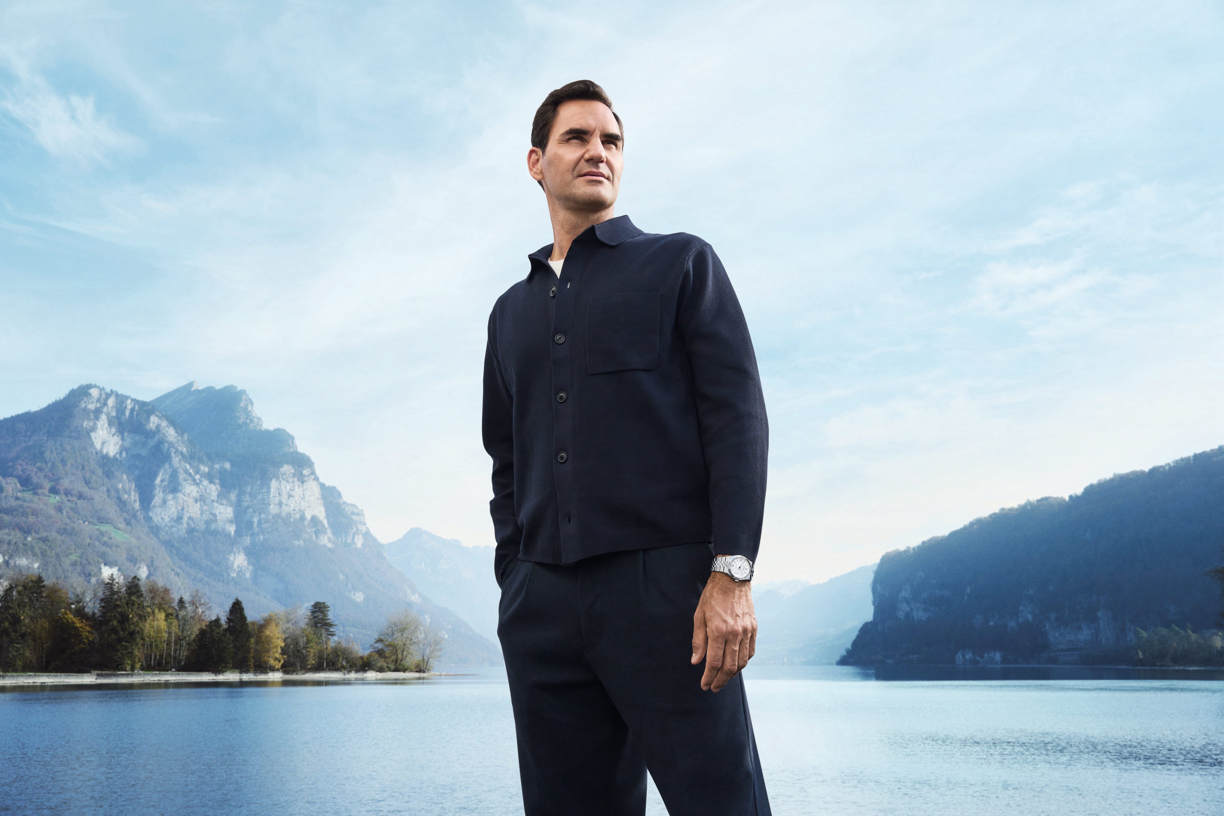 Roger Federer wears a white Rolesor version of a Rolex Land-Dweller 40, just one watch design inspired by the hexagons of a honeycomb. Photo: Handout